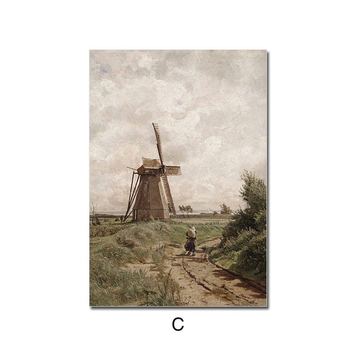 Poster Vintage Elegante Dame Meeres Küste und Windmühle als Deko Print ohne Rahmen