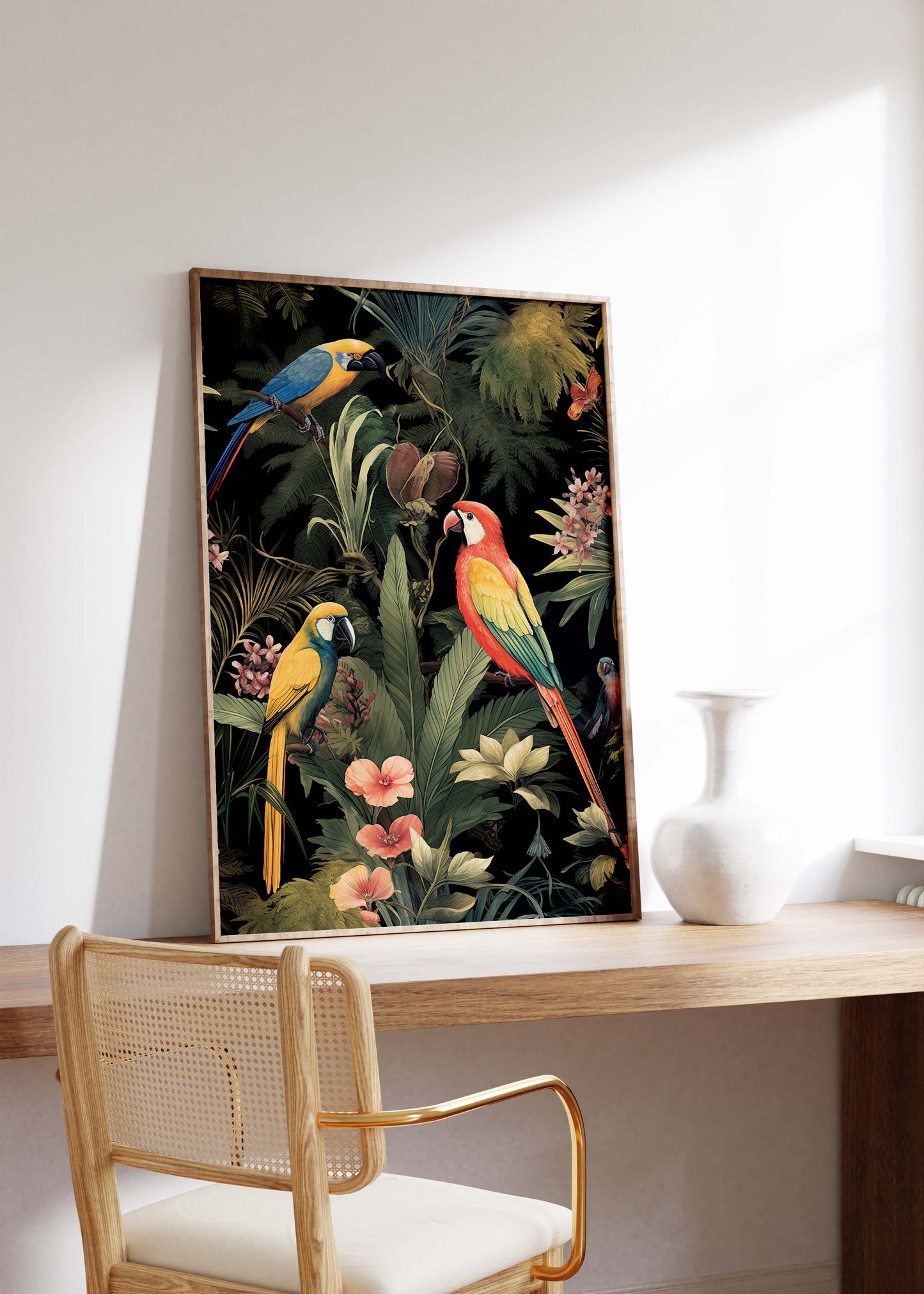 Dschungel Poster · Geschenkidee · Tropischer Regenwald Palmen Papageien und Leopard · Dekoprint ohne Rahmen