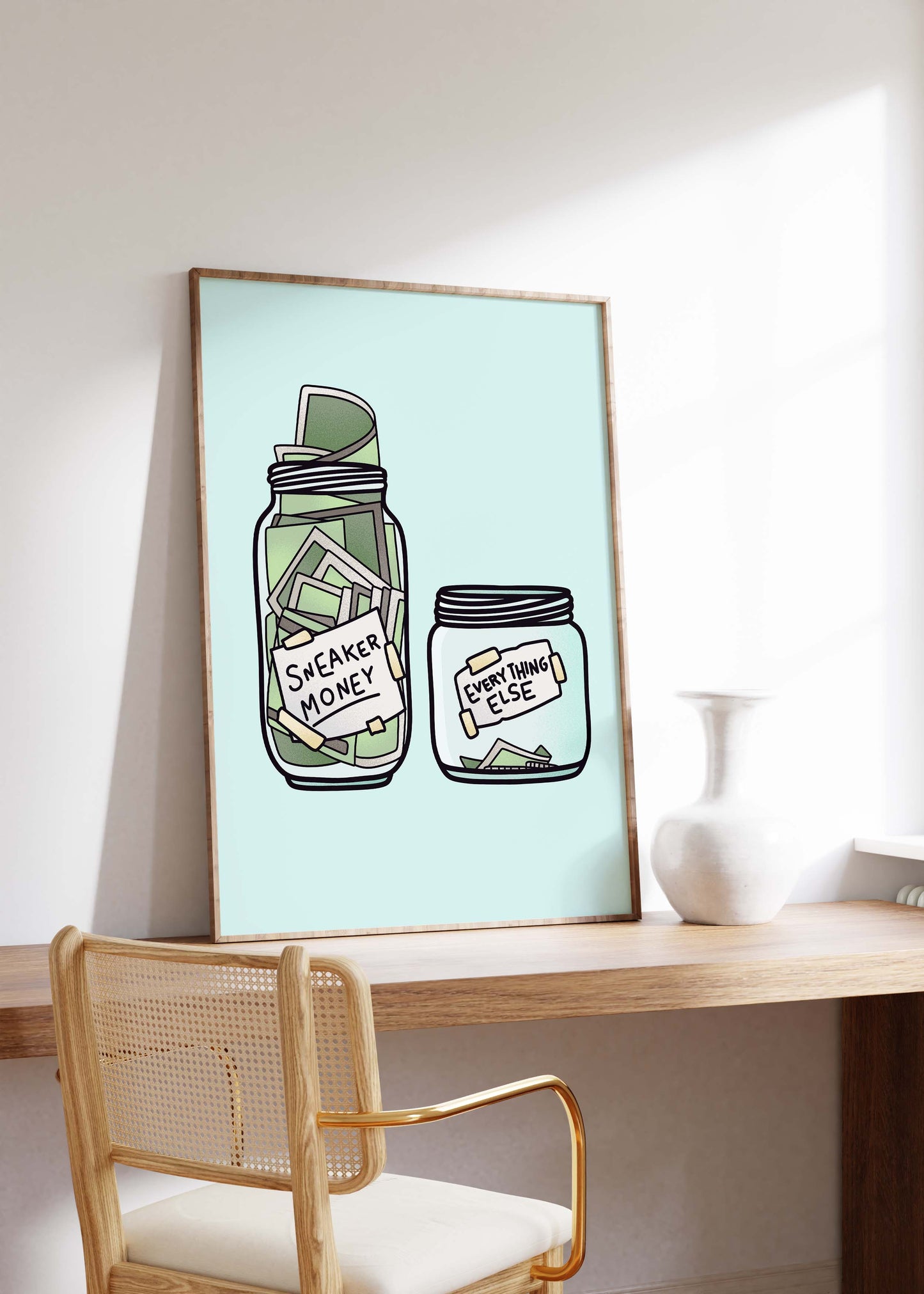 Sneaker Money Glas Illustration Poster · Geschenkidee · Lustiges Spar Design · Streetwear Humor Kunst · Moderne Wanddeko · Print ohne Rahmen