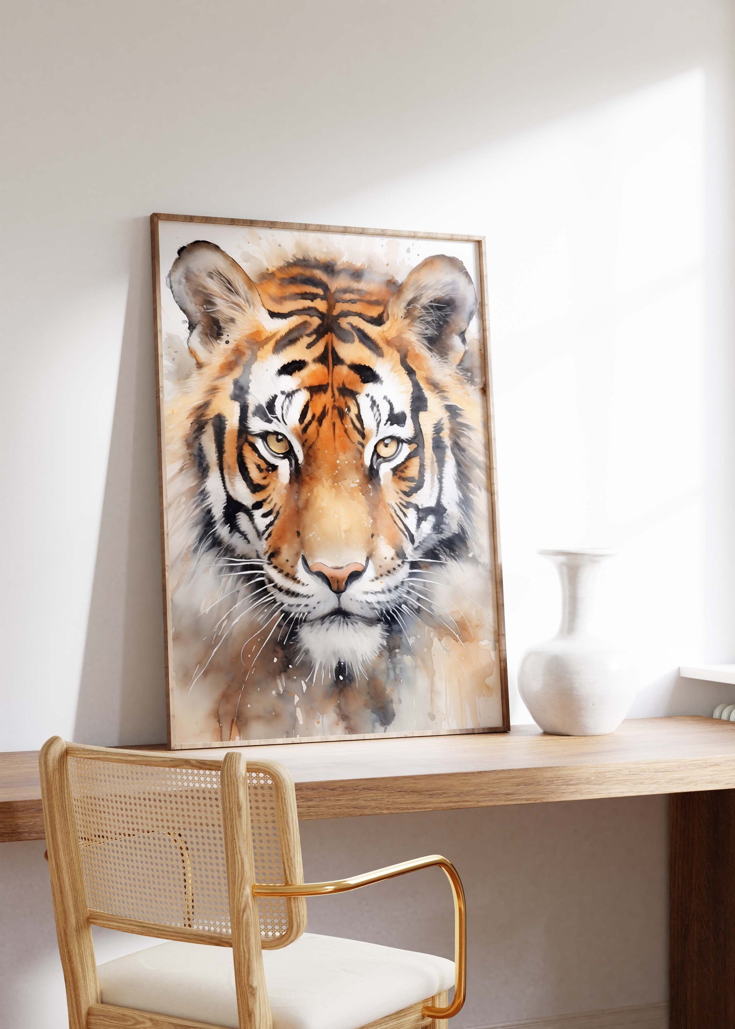 Tropische Pflanzen Poster · Geschenkidee · Aquarell Dschungelblätter und Tiger · Wohnzimmer Dekoprint ohne Rahmen