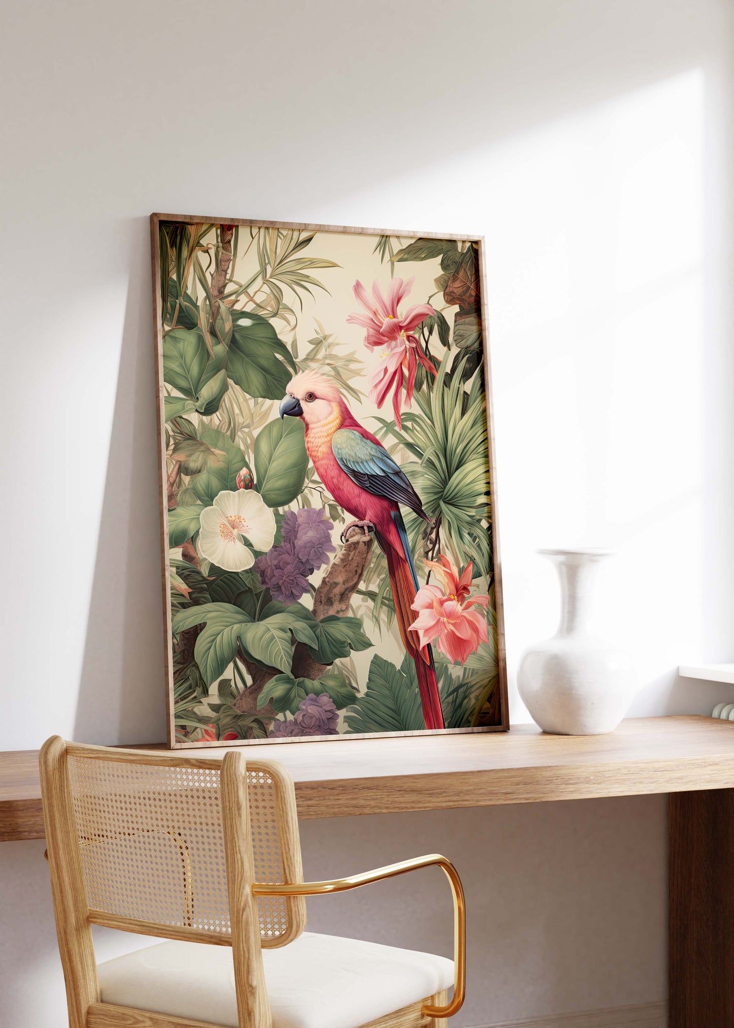 Dschungel Poster · Geschenkidee · Papageien Palmen Botanische Aquarellkunst · Wohnzimmer Dekoprint ohne Rahmen
