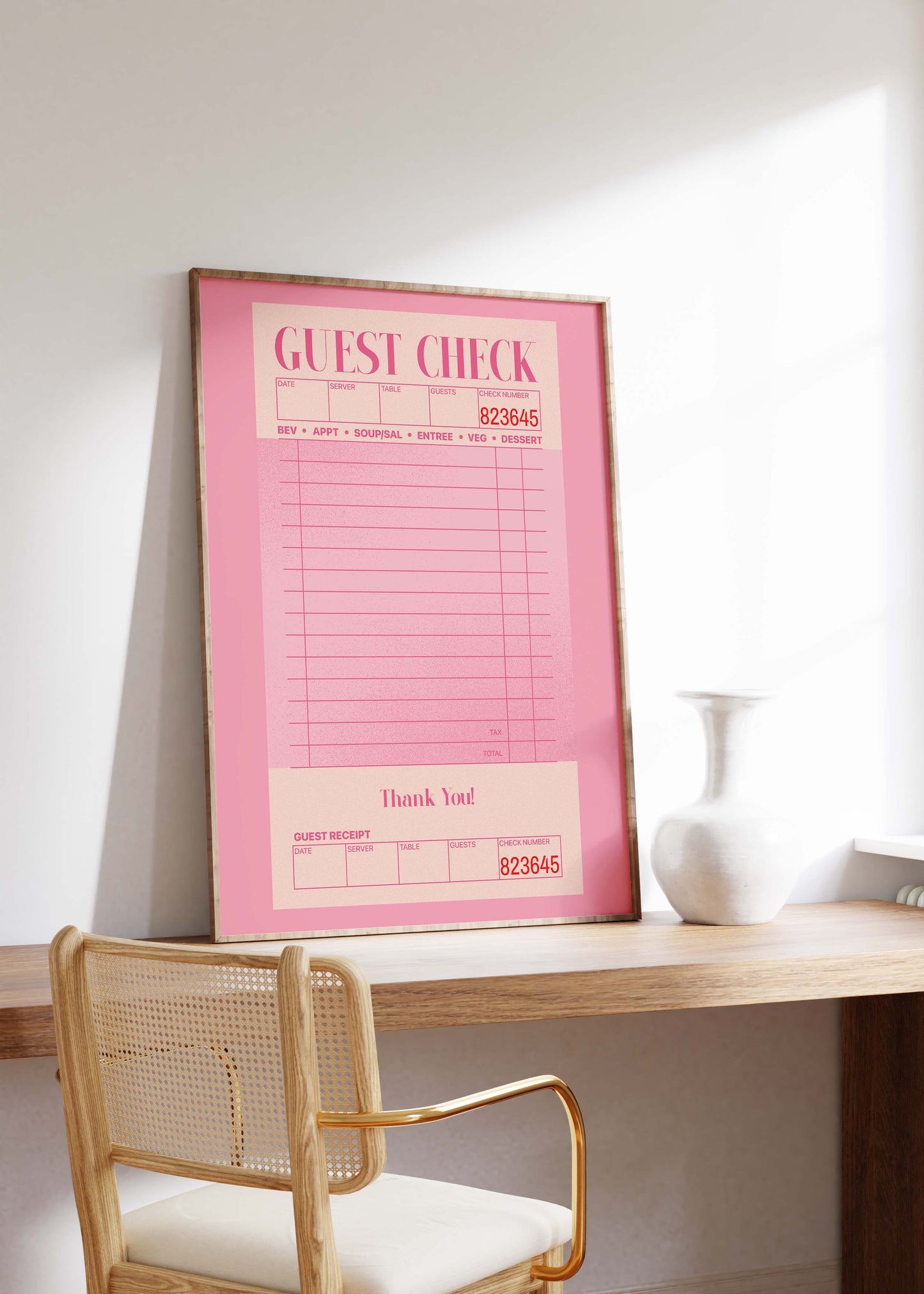 Guest Check Poster · Pink Vintage Receipt Design · Minimal Typographic Wall Art · Restaurant Aesthetic Print · Moderne Wandkunst · Print ohne Rahmen