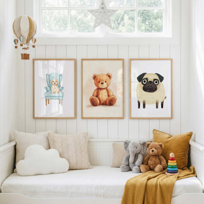 Niedliche Tierposter | Teddy, Hase & Giraffe für Kinderzimmer