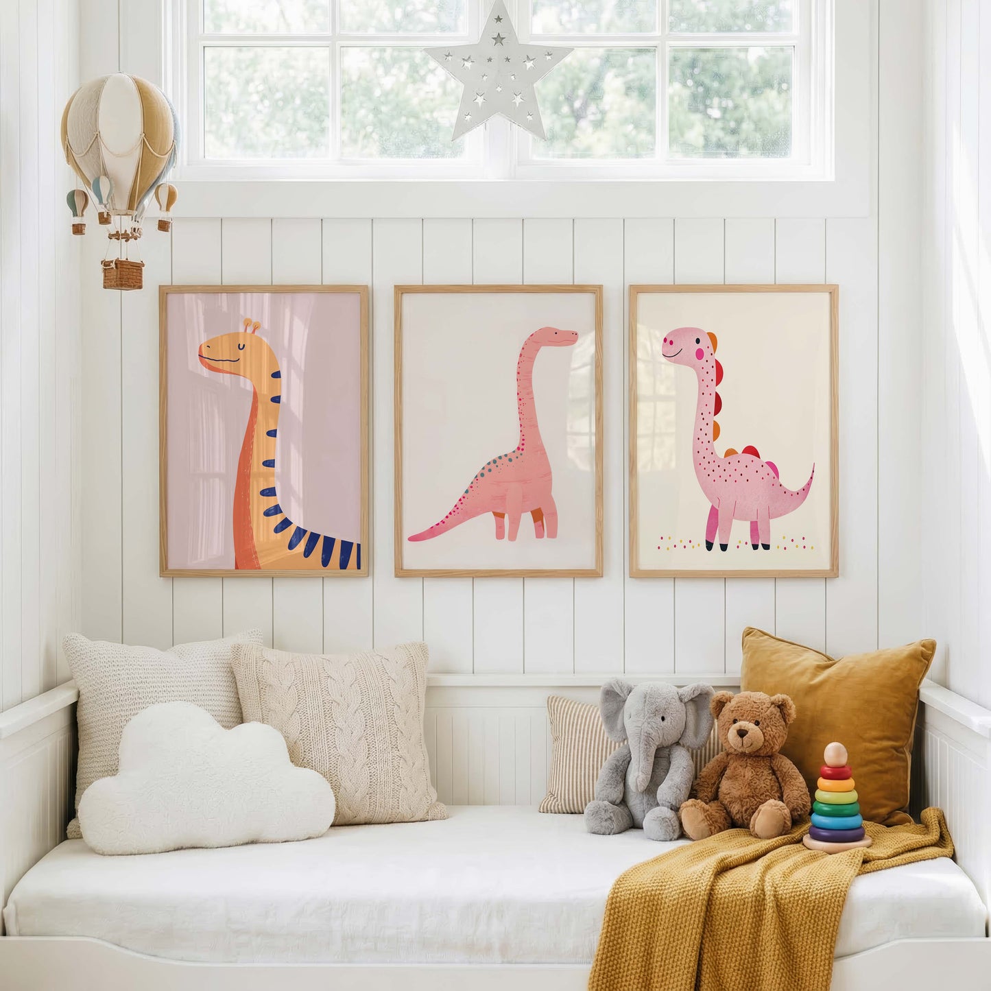 Dinosaurier Poster · Geschenkidee · Bunte Illustration mit Langhals und Giraffe · Kinderzimmer Deko · Dekoprint ohne Rahmen