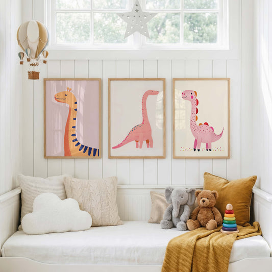 Dinosaurier Poster · Geschenkidee · Bunte Illustration mit Langhals und Giraffe · Kinderzimmer Deko · Dekoprint ohne Rahmen