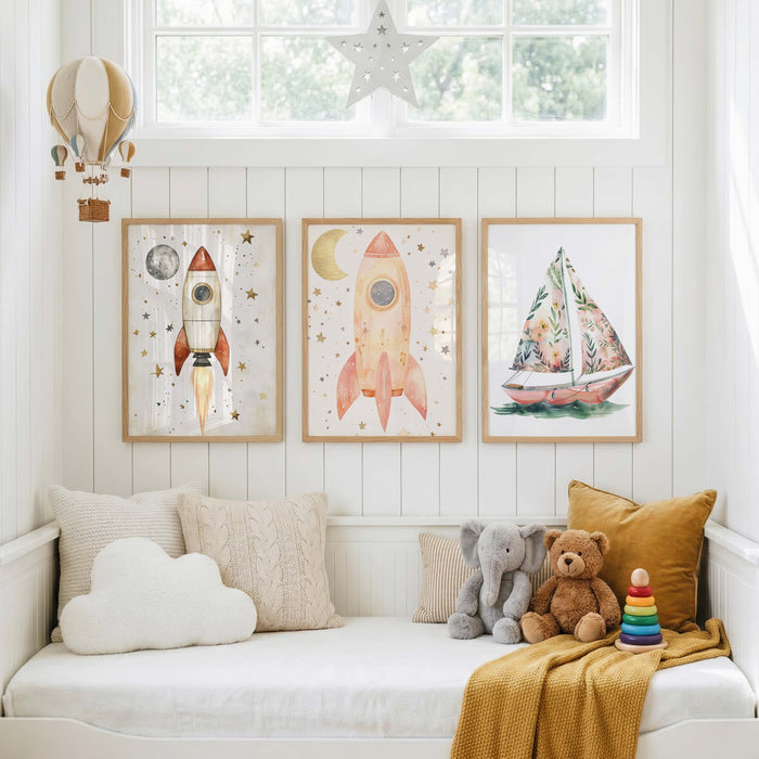 Abenteuer Kinder Poster mit Rakete und Heißluftballon