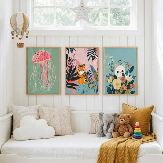 Märchen Mädchen Poster · Geschenkidee · Sternennacht mit Katzen und Blumen · Kinderzimmer Deko · Dekoprint ohne Rahmen