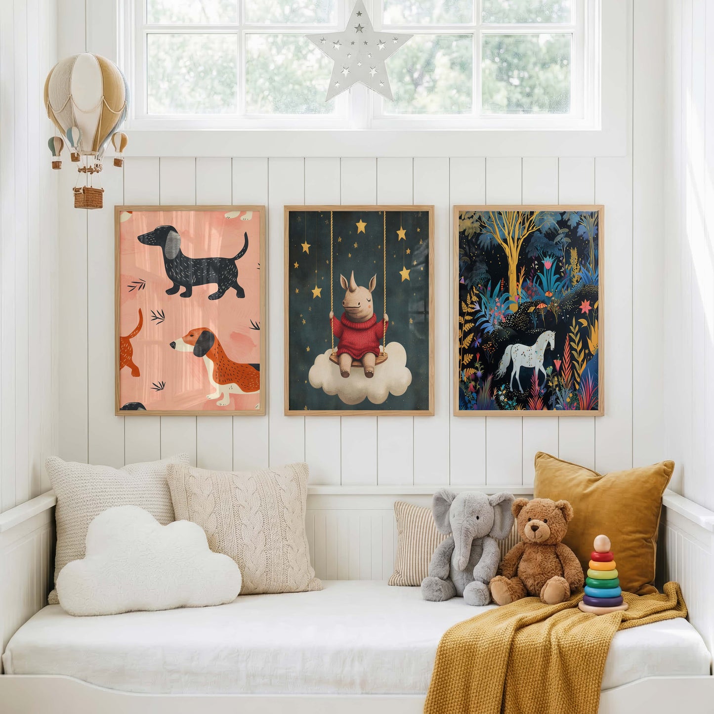 Süße Tiere Poster · Geschenkidee · Bunte Illustration mit Katze, Gepard und Einhorn · Kinderzimmer Deko · Dekoprint ohne Rahmen