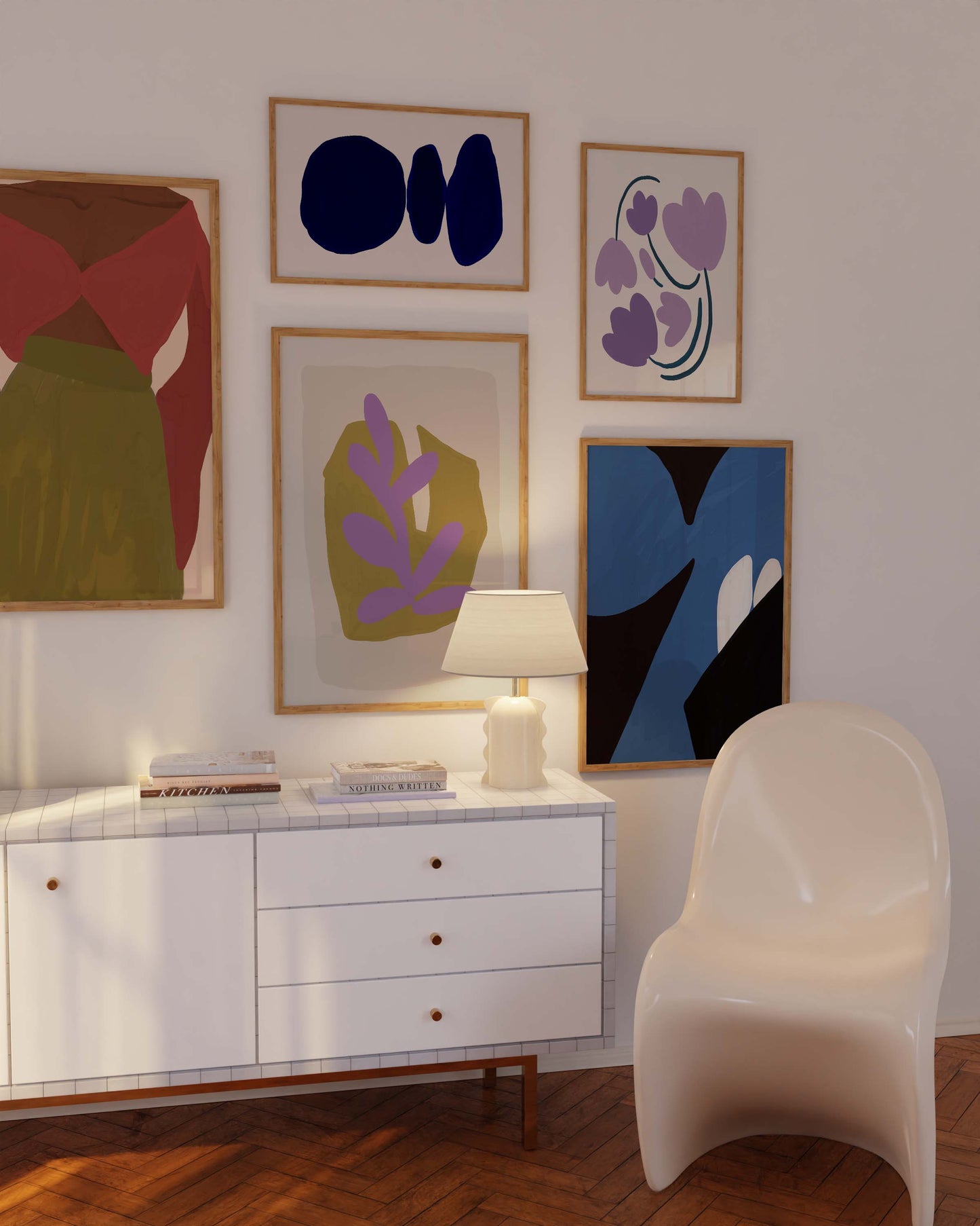 Abstrakte Frauen Kunst Poster · Geschenkidee · Moderne feminine Formen, Blumen und Tauben · Dekoprint ohne Rahmen