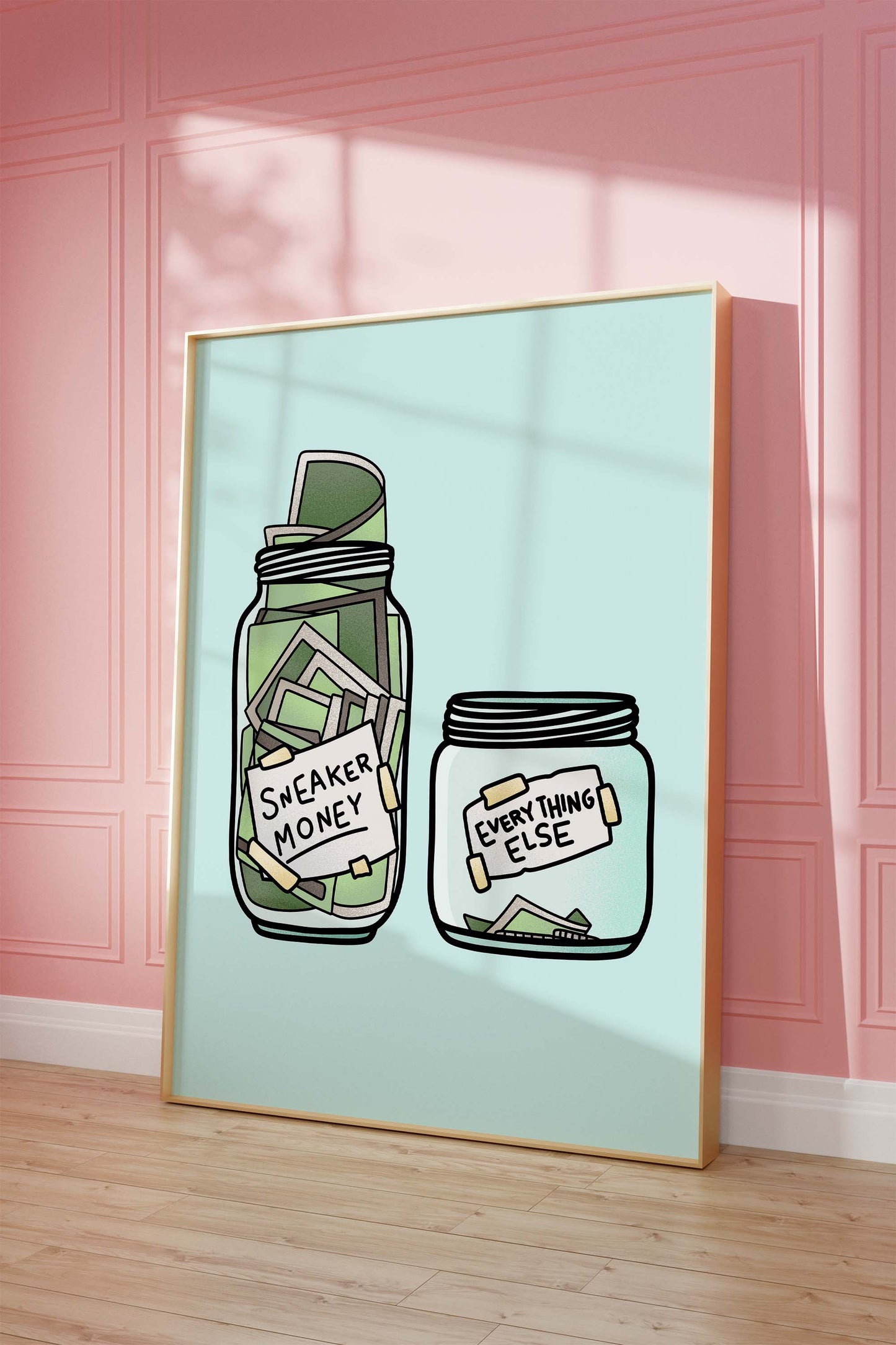 Sneaker Money Glas Illustration Poster · Geschenkidee · Lustiges Spar Design · Streetwear Humor Kunst · Moderne Wanddeko · Print ohne Rahmen