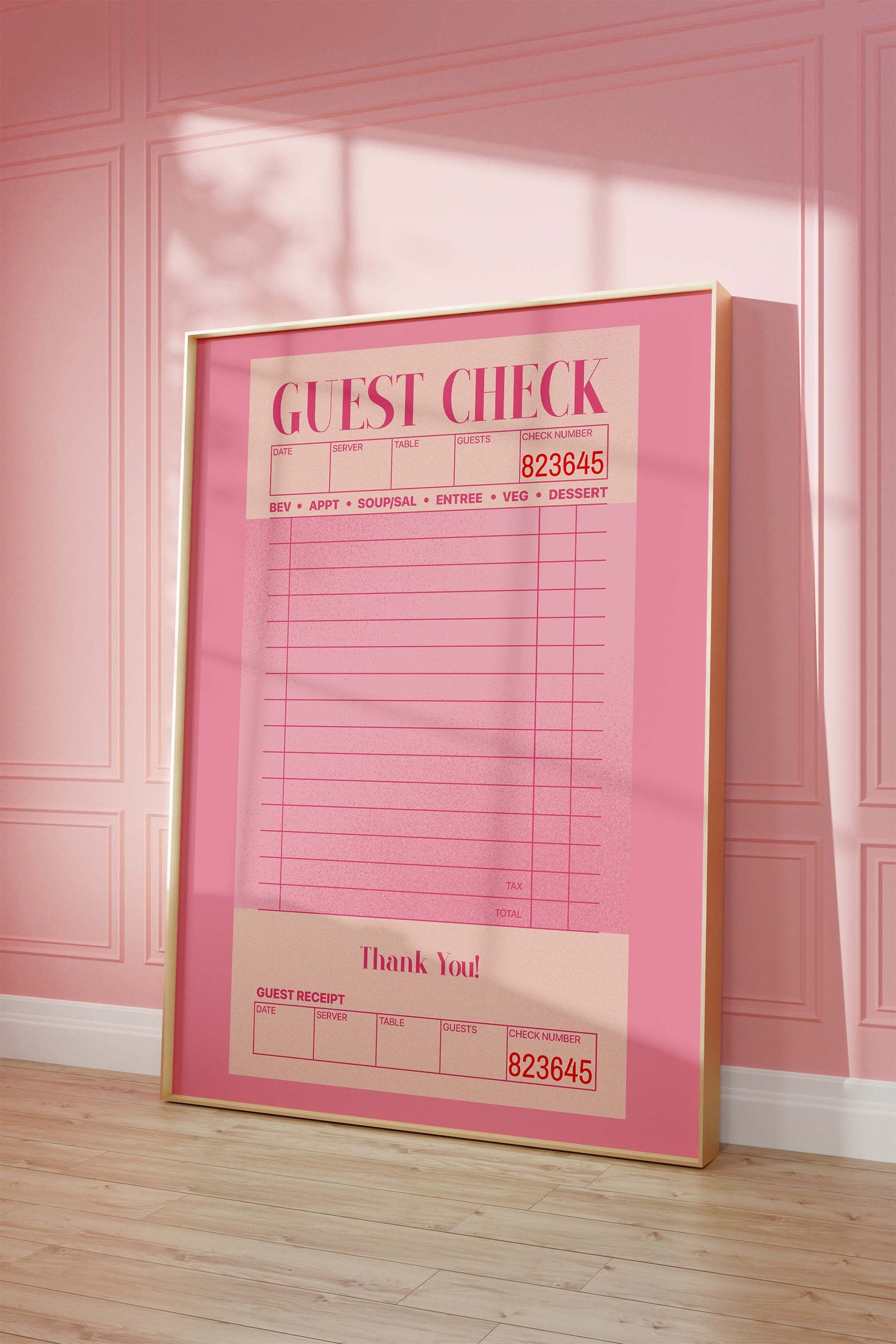 Guest Check Poster · Pink Vintage Receipt Design · Minimal Typographic Wall Art · Restaurant Aesthetic Print · Moderne Wandkunst · Print ohne Rahmen