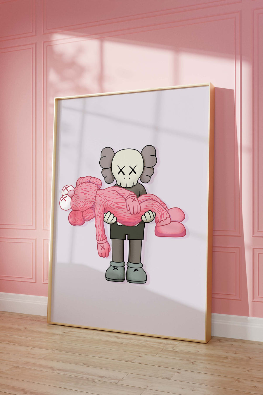 Moderner Kunstdruck auf Baumwollposter mit stilisierter Figur, die eine rosa Plüschfigur trägt, als zeitgenössisches Wandbild für Wohnräume.
