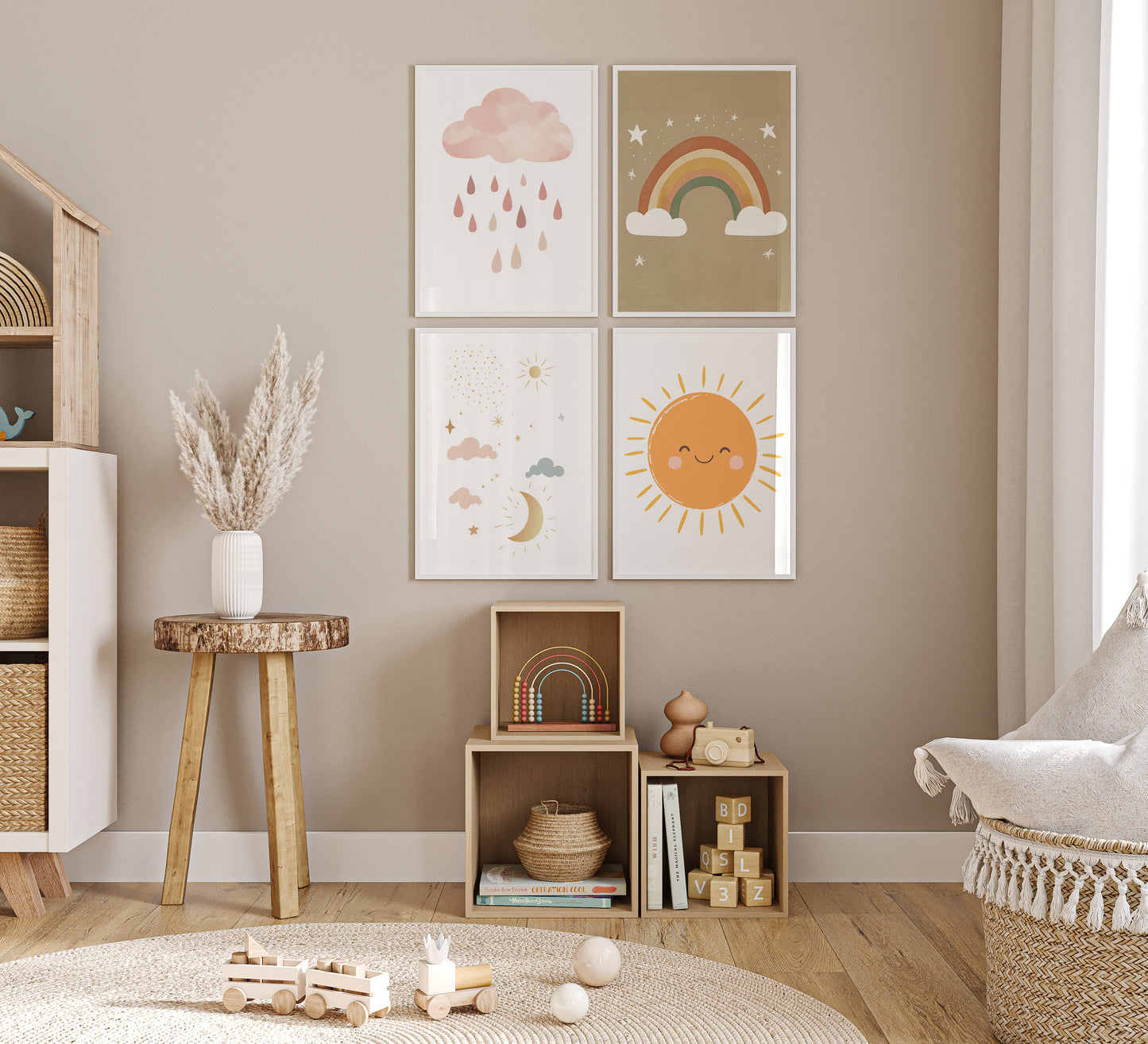 Boho Kinderzimmer Minimal Süß Aquarell Sonne Regenbogen Wolken Poster · Kinderzimmer Bilder · Wand Deko · Kunst Druck · Deko Print ohne Rahmen