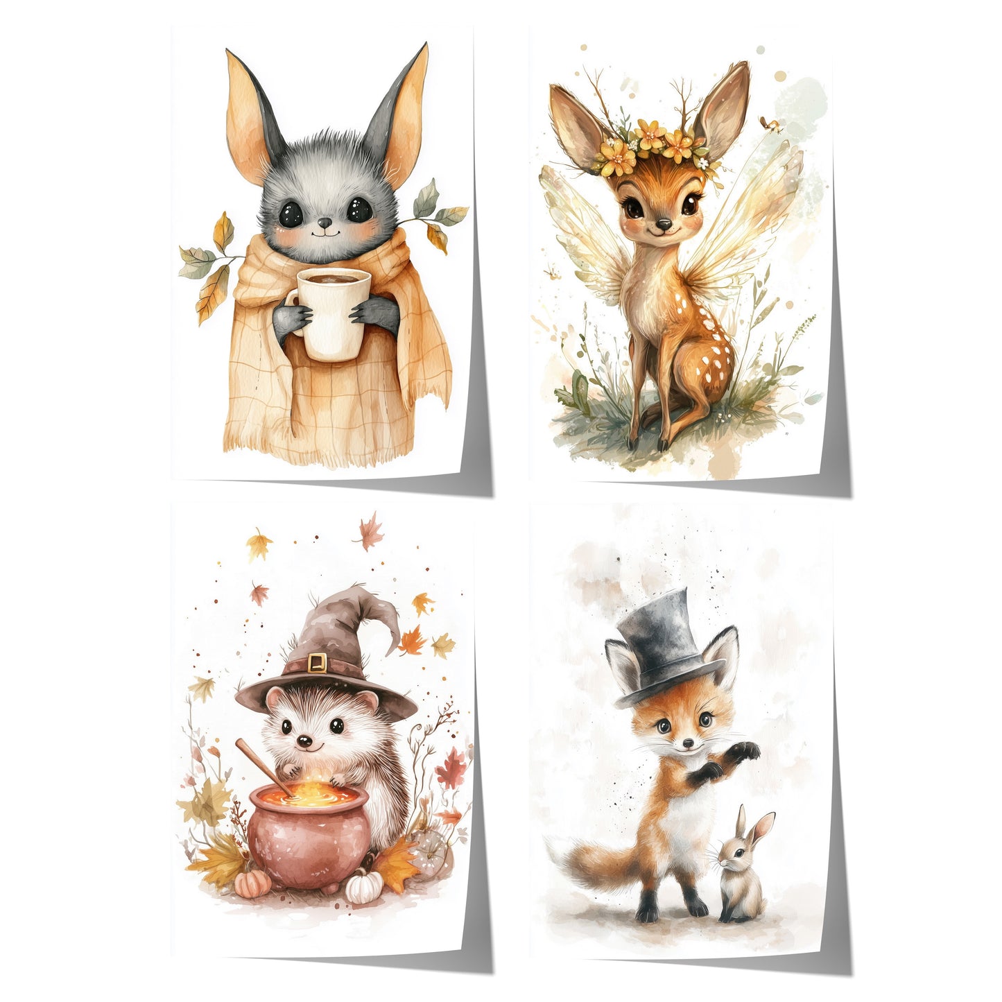 Waldtiere Magisch Kinderzimmer Aquarell Fuchs Reh Igel Fledermaus Poster · Kinderzimmer Bilder · Wand Deko · Kunst Druck · Deko Print ohne Rahmen