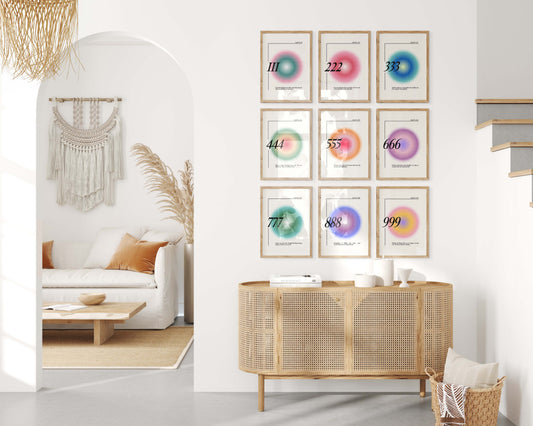 Engelszahlen Poster · Geschenkidee · Spirituelle Zahlenkunst mit Aura Farben · Meditation Deko · Dekoprint ohne Rahmen