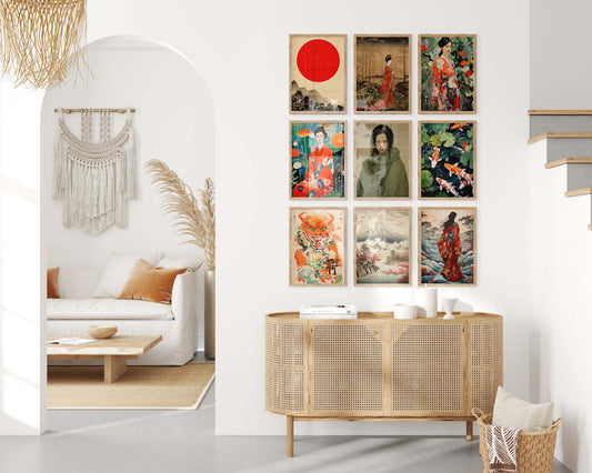 Japan Poster · Geschenkidee · Japanische Kunst Geisha Koi Drache und Fuji · Dekoprint ohne Rahmen