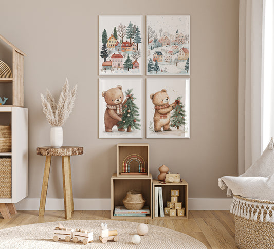Weihnachten Kinderzimmer Süß Winter Aquarell Bär Dorf Poster · Kinderzimmer Bilder · Wand Deko · Kunst Druck · Deko Print ohne Rahmen
