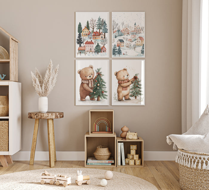 Winterliches Bär Dorf Poster für Kinderzimmer