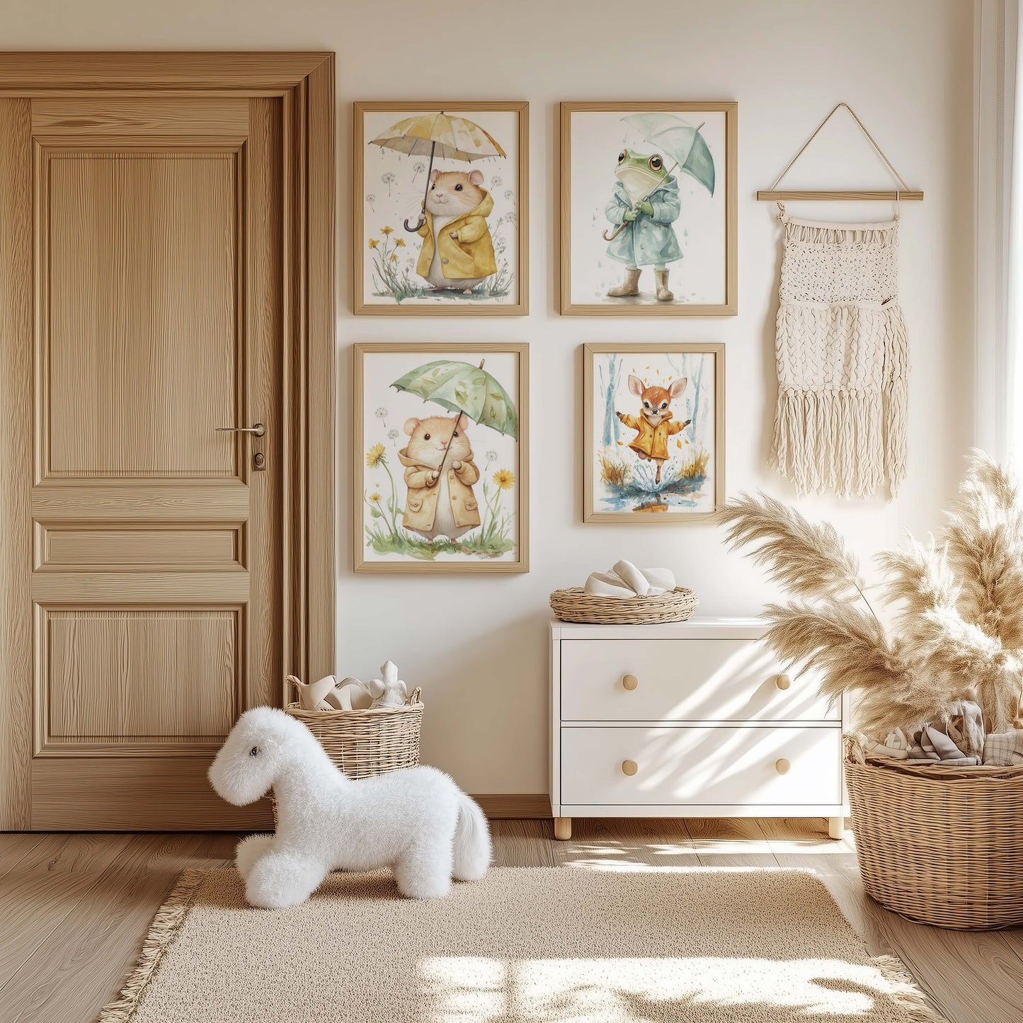 Süßer Regen Tag Tier Poster · Geschenkidee · Aquarell Waldtier Illustration mit Regenschirm · Kinderzimmer Wanddeko · Print ohne Rahmen