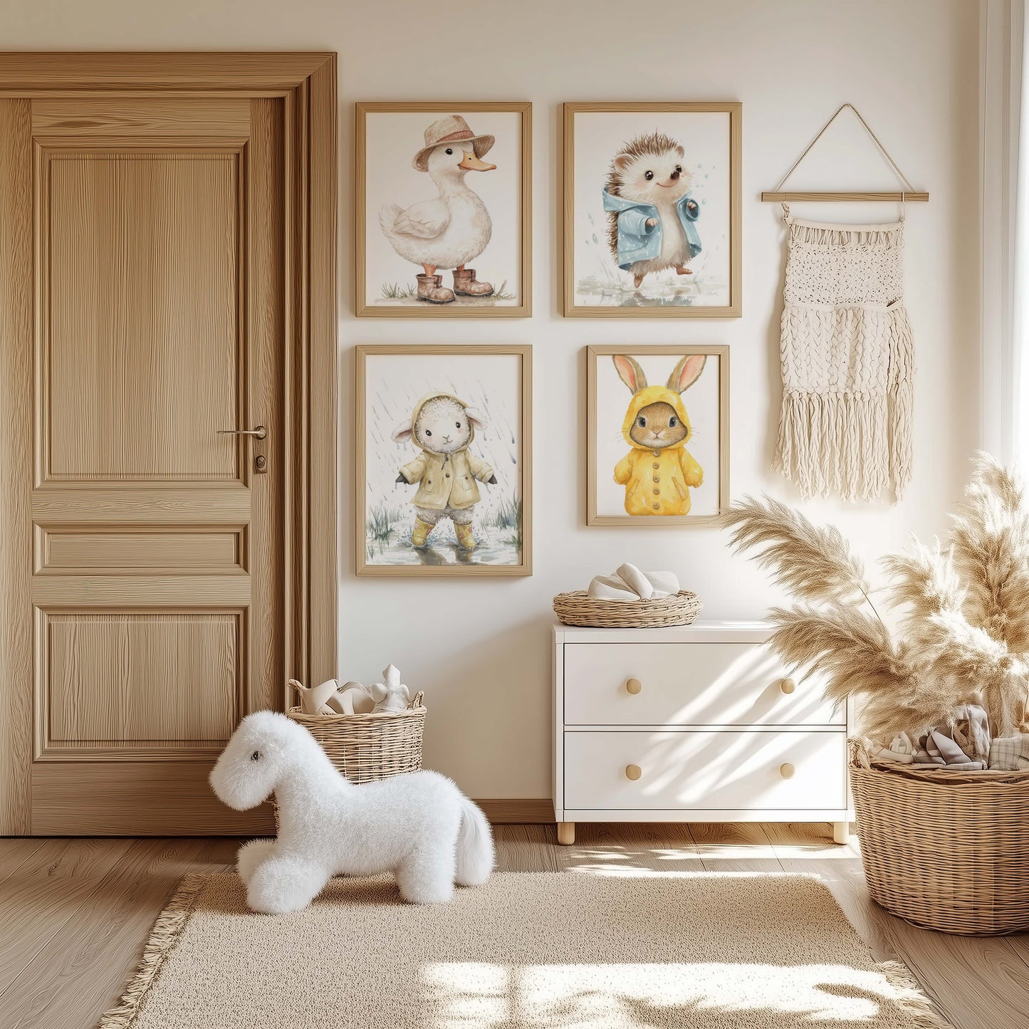 Süße Regenjacke Tier Poster · Geschenkidee · Aquarell Waldtier Illustration mit Regenmantel · Kinderzimmer Wanddeko · Print ohne Rahmen
