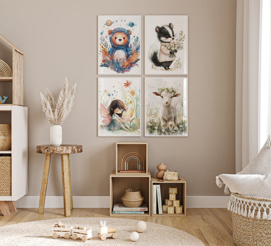 Tiere Kinderzimmer Süß Aquarell Ziege Stinktier Bär Fee Poster · Kinderzimmer Bilder · Wand Deko · Kunst Druck · Deko Print ohne Rahmen