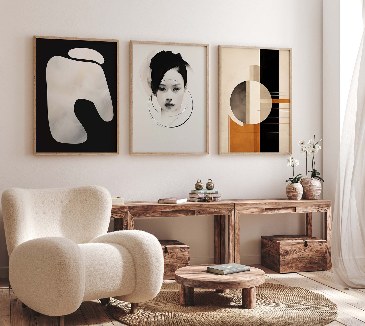 Abstrakte Moderne Poster · Schwarz Weiß Beige Geometrische Wandkunst · Minimalistische Wohnzimmer Deko · Print ohne Rahmen