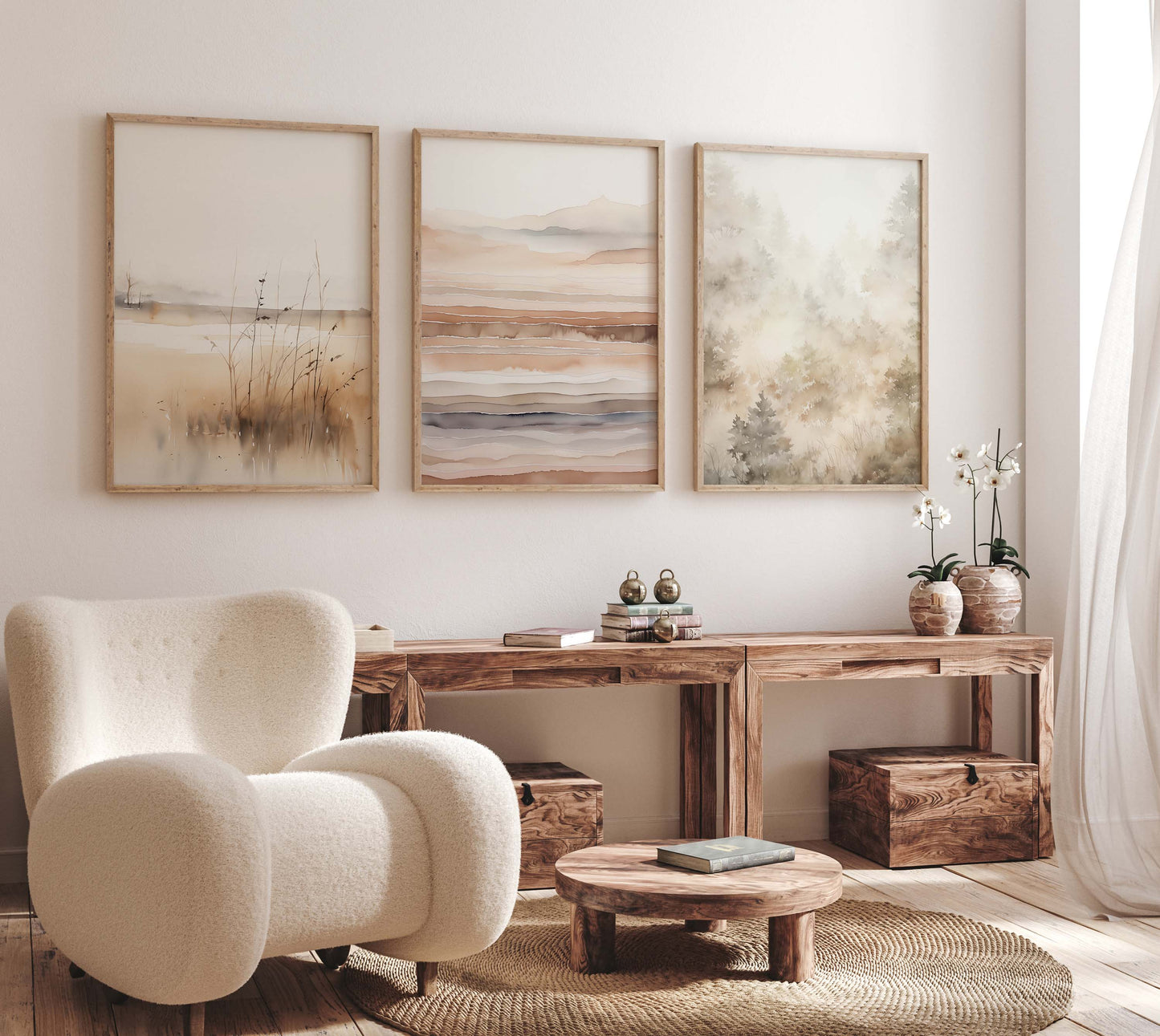 Skandinavische Natur Poster · Geschenkidee · Sanfte Aquarell Landschaften und Nebelwald Wandkunst für Wohnzimmer · Print ohne Rahmen