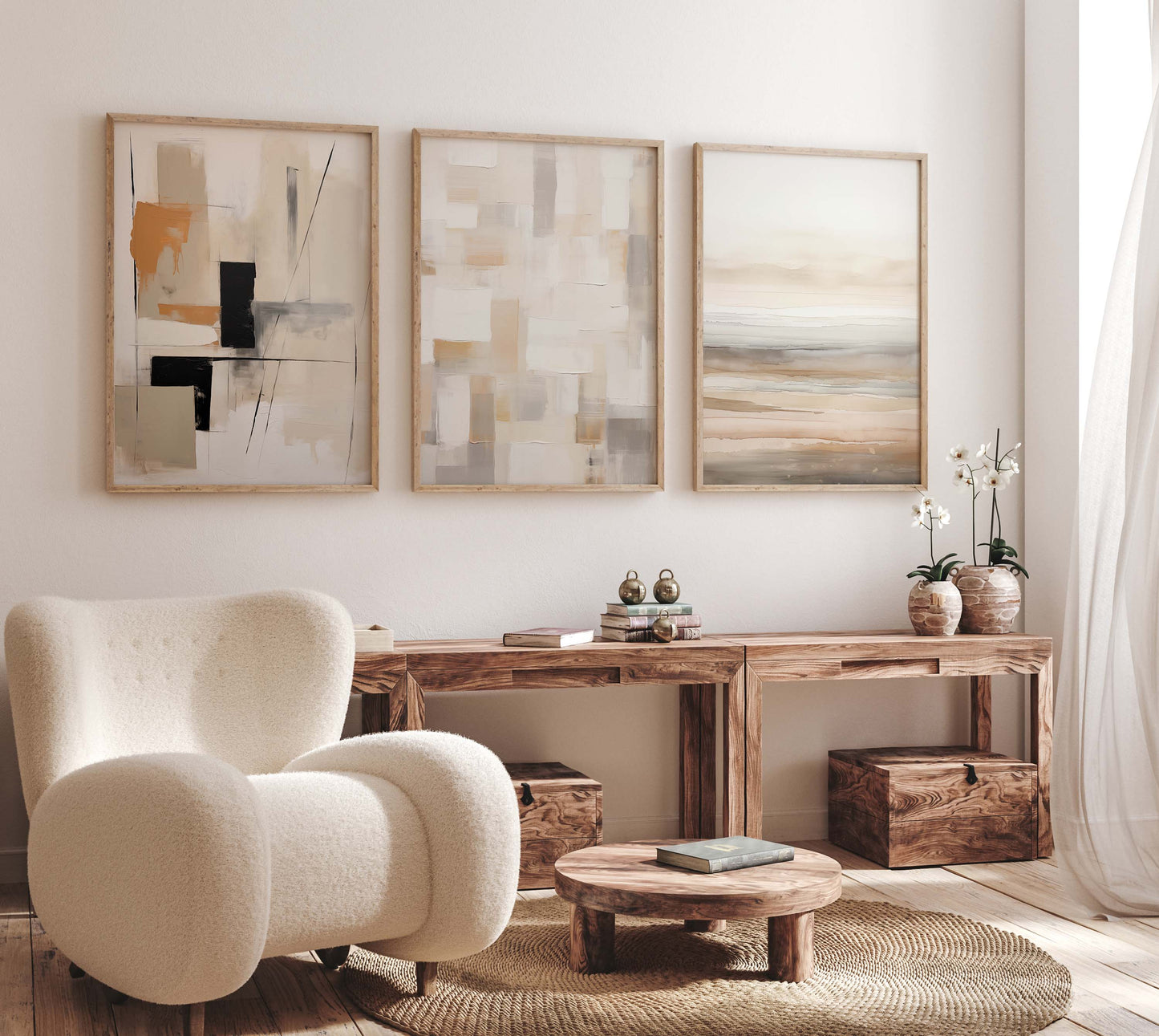 Abstrakte Beige Naturtöne Poster · Geschenkidee · Geometrische Formen und Fließende Aquarellstrukturen in Moderner Wandkunst · Dekoprint ohne Rahmen