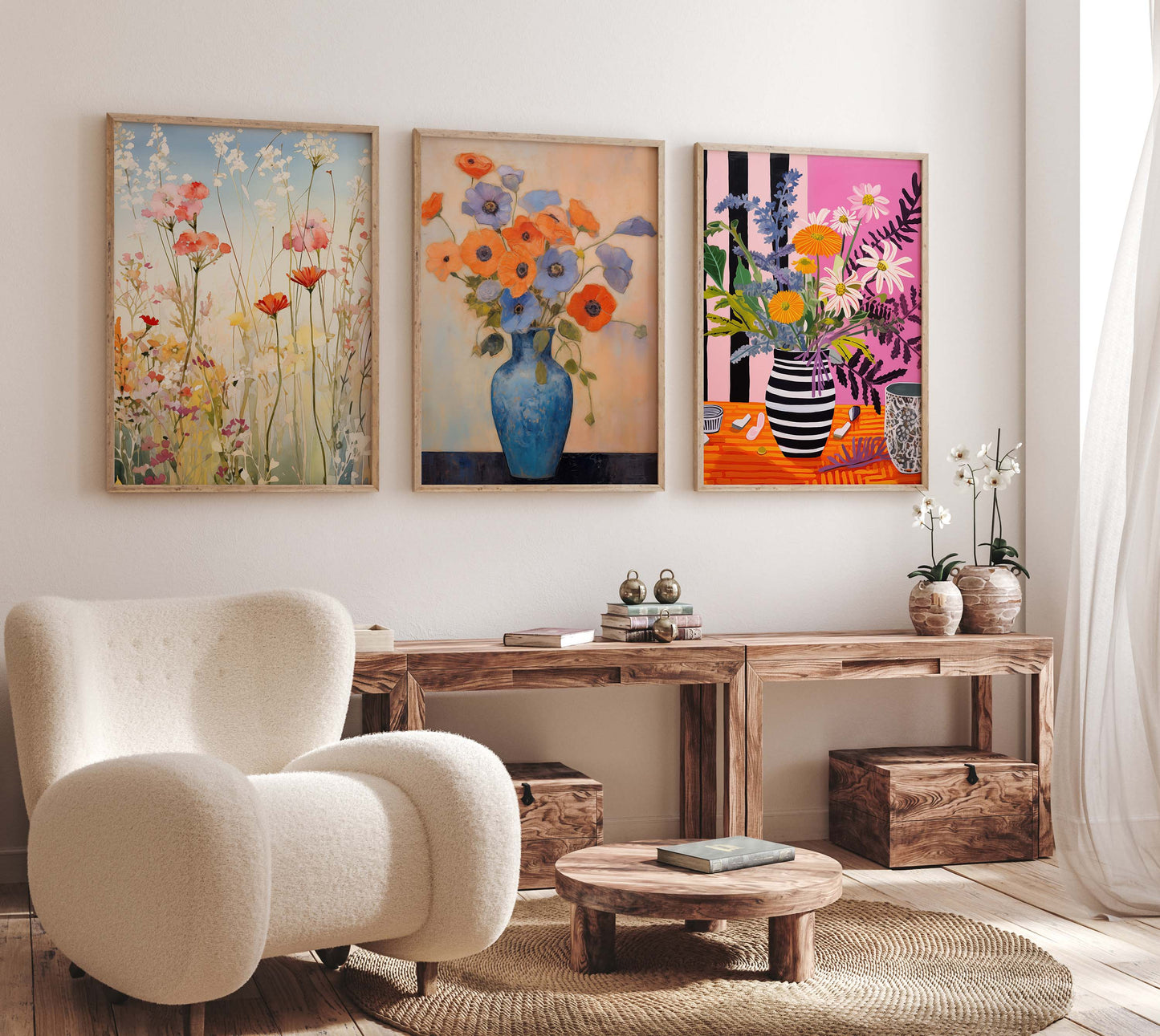 Blumen Poster · Geschenkidee · Farbenfrohe Blumenvasen und Künstlerische Floralkunst im Modernen Stil · Dekoprint ohne Rahmen