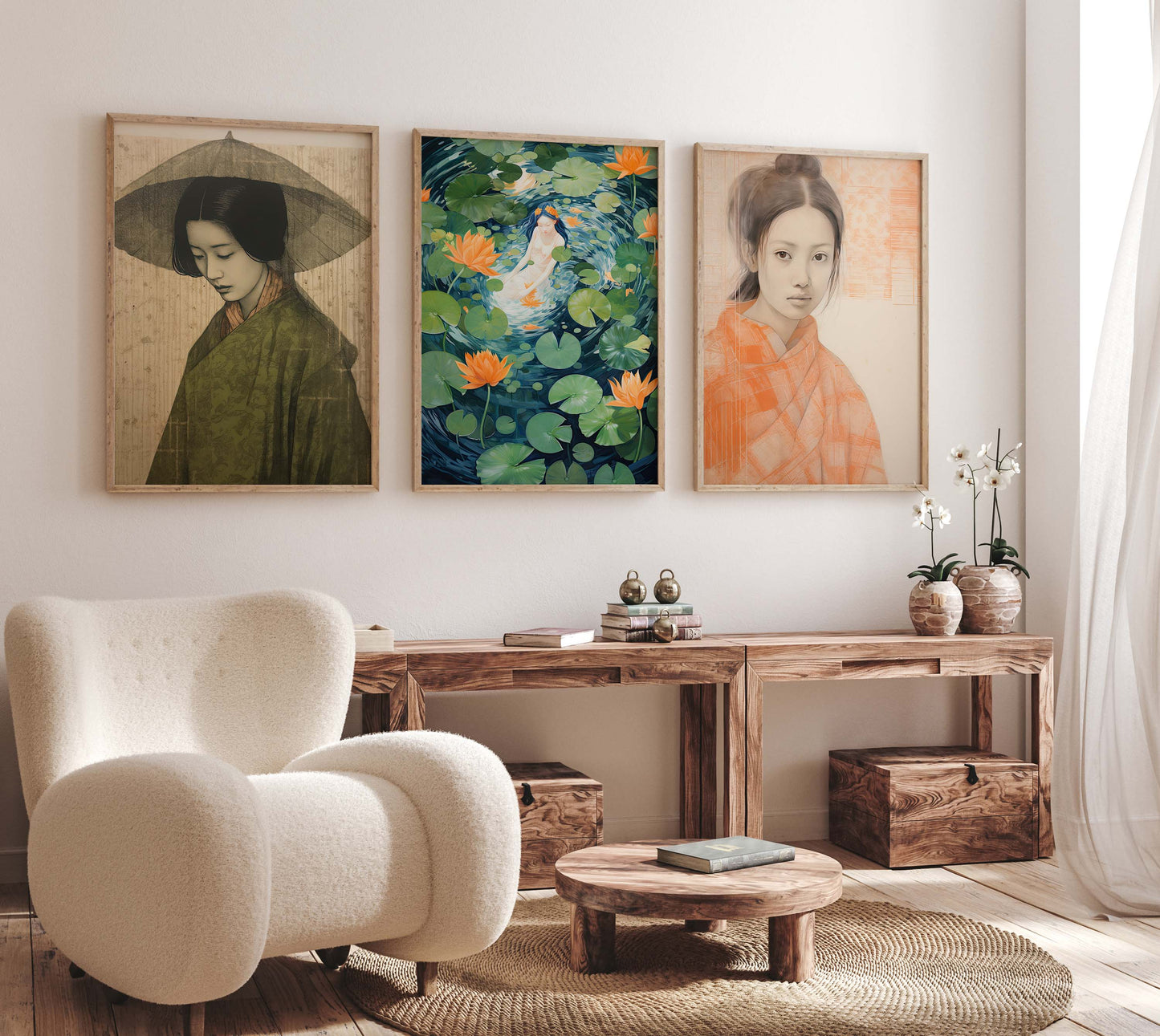 Japan Poster · Geschenkidee · Geisha Ukiyo-e Wellen und Zen Landschaft · Dekoprint ohne Rahmen
