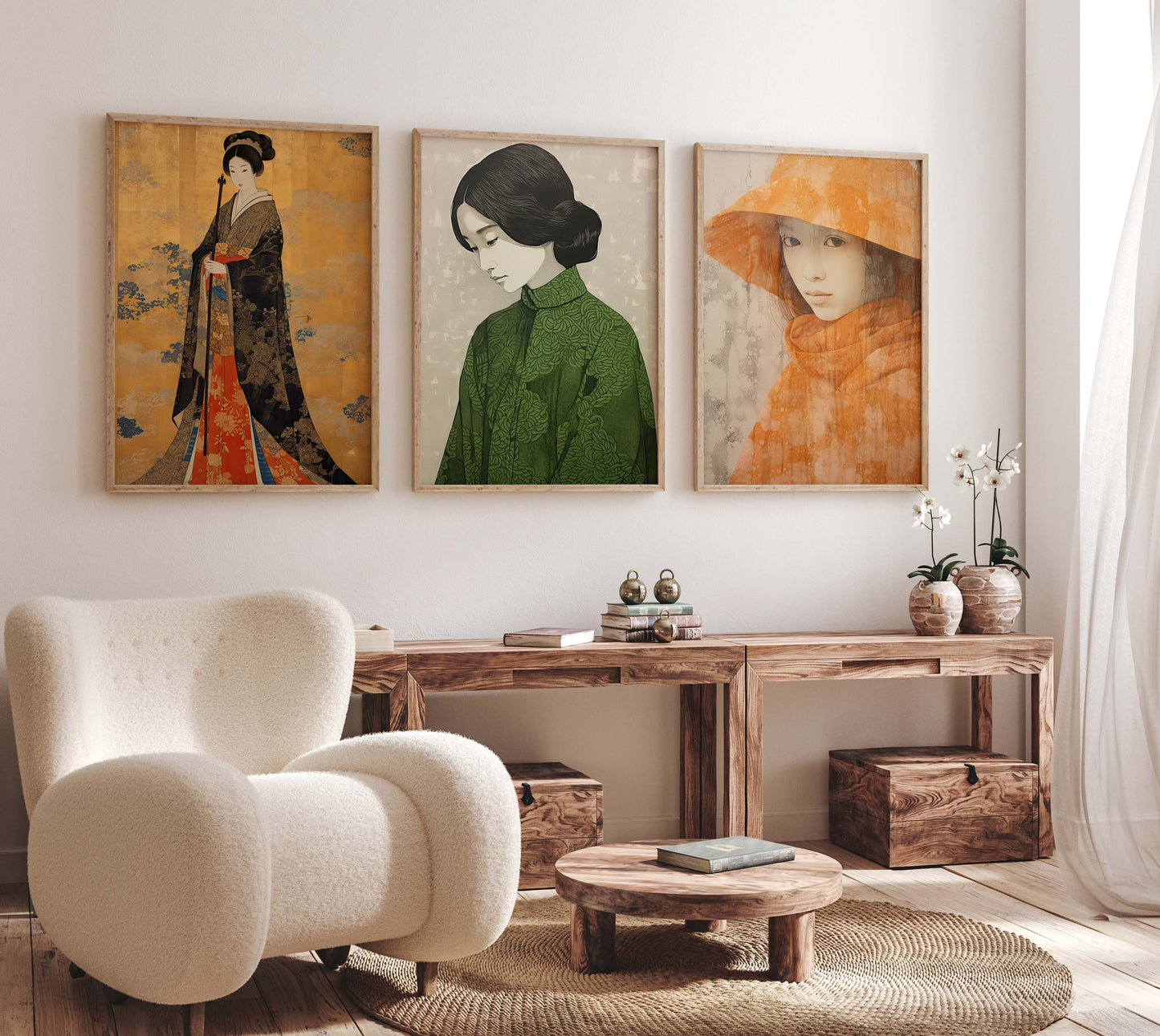 Japan Poster · Geschenkidee · Geisha Porträts Wellen und Zen Kunst · Dekoprint ohne Rahmen