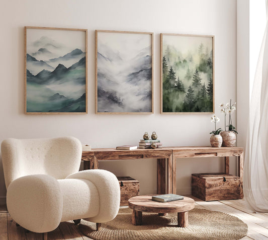 Nebelwald Berglandschaft Poster geschenkidee aquarell natur wandkunst · Dekoprint ohne rahmen
