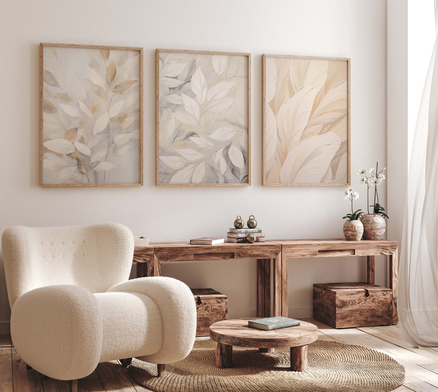 Botanik Poster · Geschenkidee · Beige Blätter und Zarte Pflanzenkunst in Neutralen Naturtönen · Dekoprint ohne Rahmen