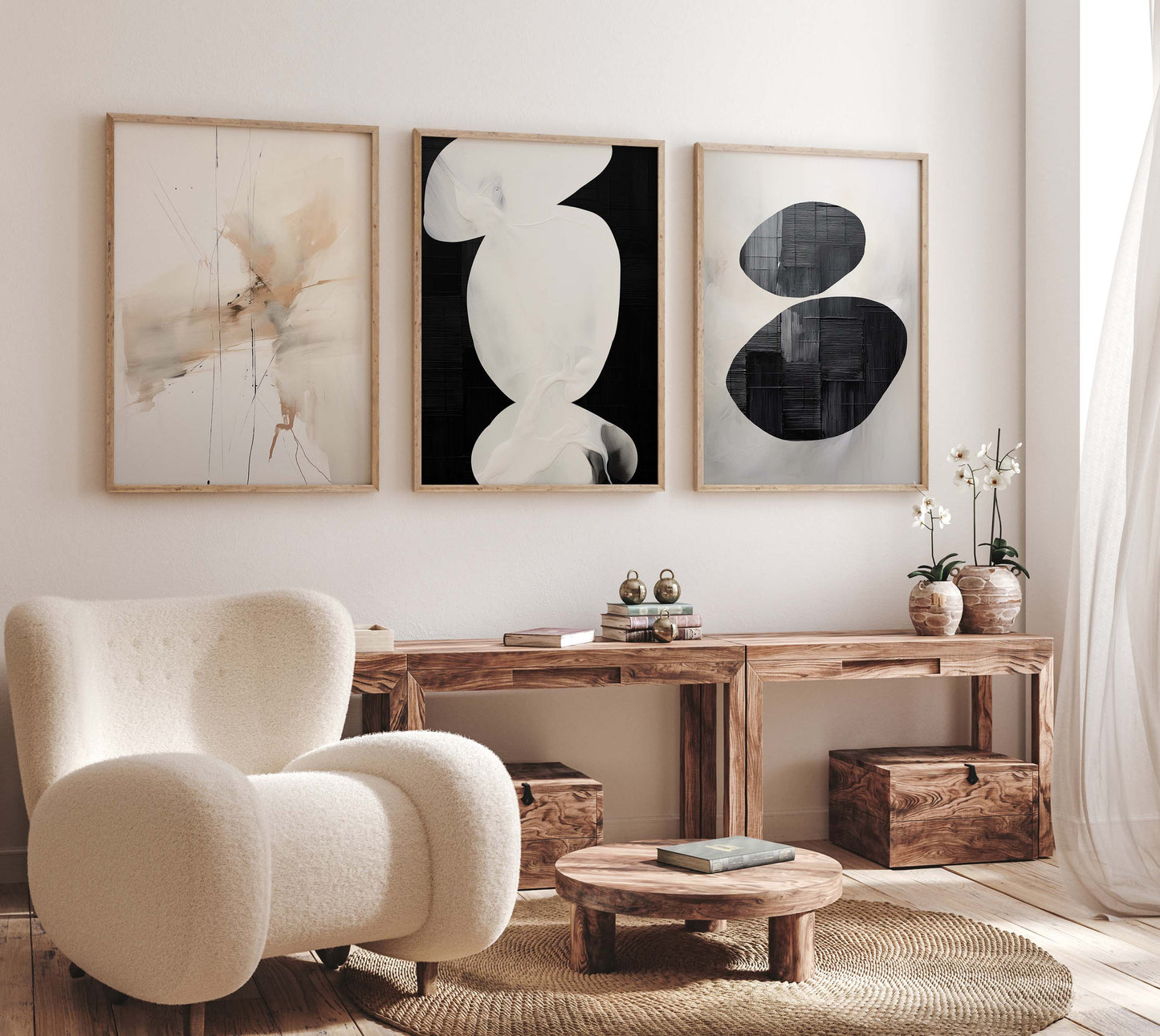 Abstrakte Poster Wanddeko · Minimalistische Beige Schwarz Kunst · Moderne Geometrische Wohnzimmer Bilder · Print ohne Rahmen