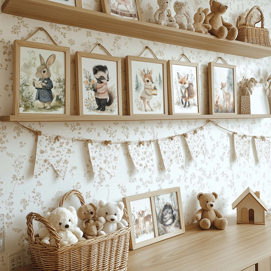 Niedliche Waldtiere Kinderzimmer Poster · Aquarell Reh Fuchs Waschbär Hase · Babyzimmer Wanddeko · Print ohne Rahmen