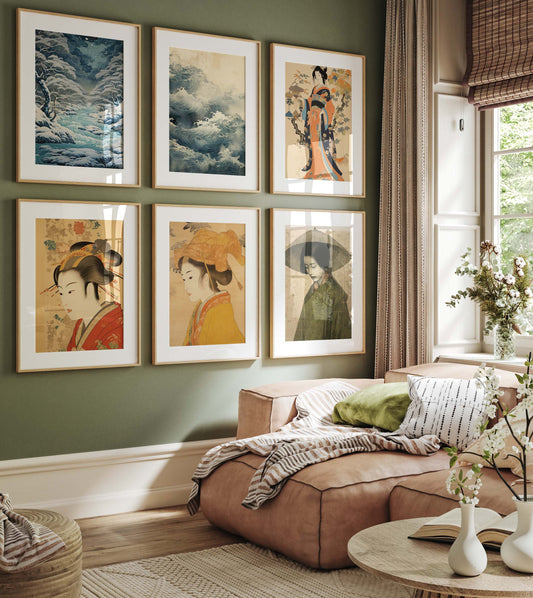Japan Poster · Geschenkidee · Geisha Ukiyo-e Wellen und Zen Landschaft · Dekoprint ohne Rahmen