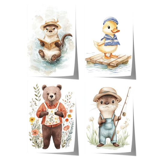 Tiere Kinderzimmer Süß Sommer Aquarell Bär Ente Otter Poster · Kinderzimmer Bilder · Wand Deko · Kunst Druck · Deko Print ohne Rahmen