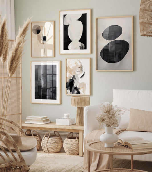 Abstrakte Poster Wanddeko · Minimalistische Beige Schwarz Kunst · Moderne Geometrische Wohnzimmer Bilder · Print ohne Rahmen