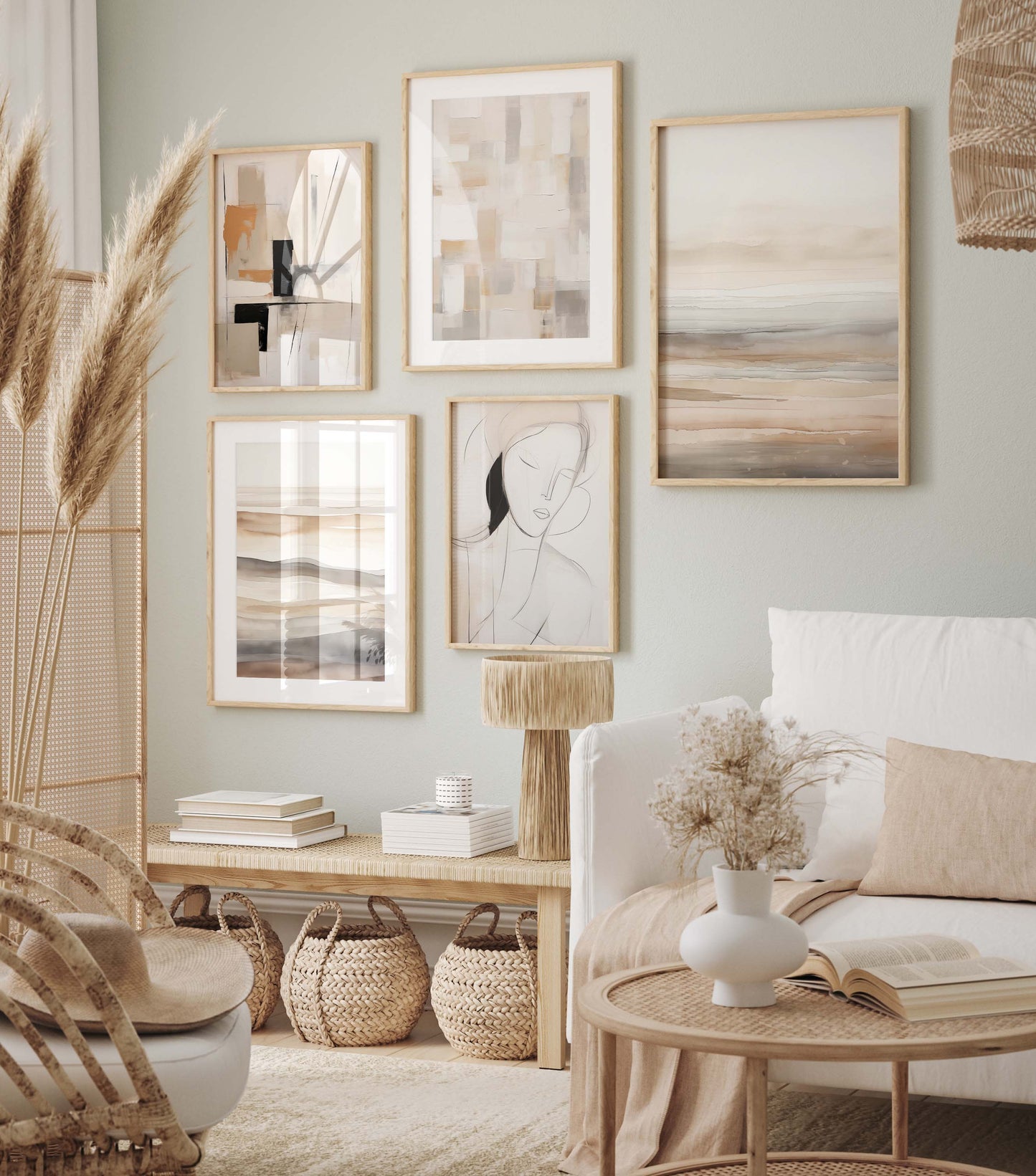 Abstrakte Beige Naturtöne Poster · Geschenkidee · Geometrische Formen und Fließende Aquarellstrukturen in Moderner Wandkunst · Dekoprint ohne Rahmen