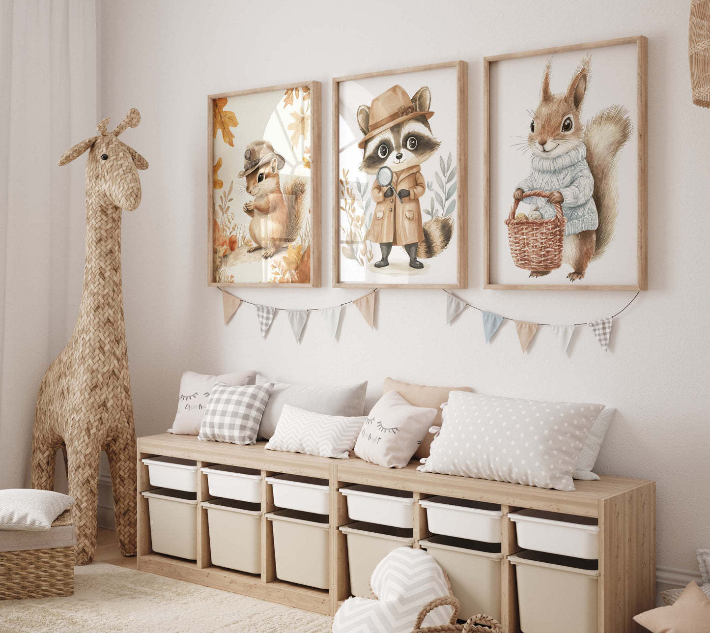 Niedliches Waldtier Poster · Geschenkidee · Aquarell Illustration mit Fuchs Waschbär Eichhörnchen und Reh · Kinderzimmer Wanddeko · Print ohne Rahmen