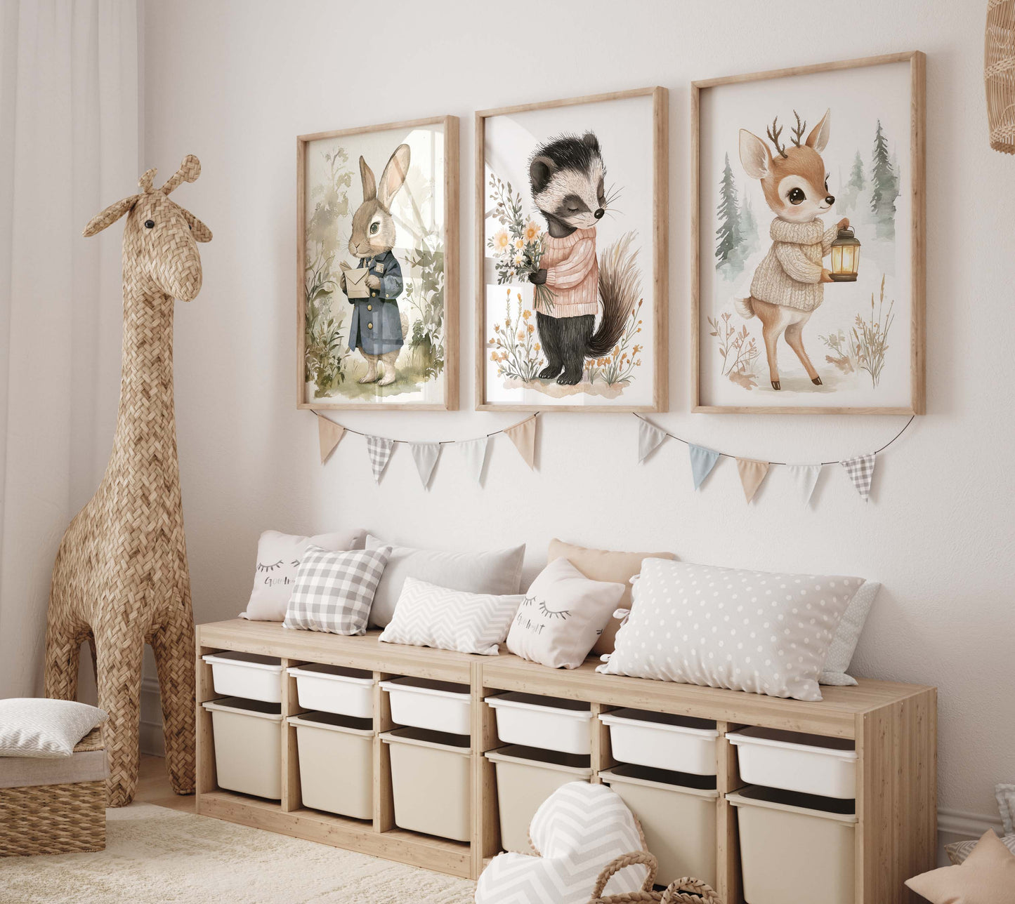 Niedliche Waldtiere Kinderzimmer Poster · Aquarell Reh Fuchs Waschbär Hase · Babyzimmer Wanddeko · Print ohne Rahmen