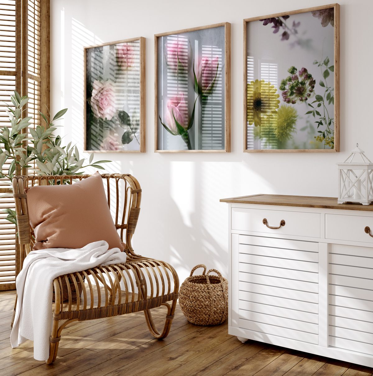 Blumen Poster · Geschenkidee · Rosen Ranunkeln hinter nassem Glas · Dekoprint ohne Rahmen