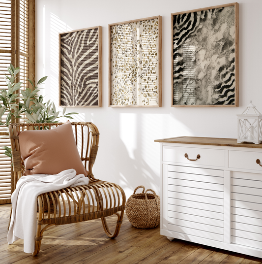 Tiermuster Poster · Geschenkidee · Stilvolle Zebra und Raubkatzen Fell Texturen Leopard Muster · Dekoprint ohne Rahmen