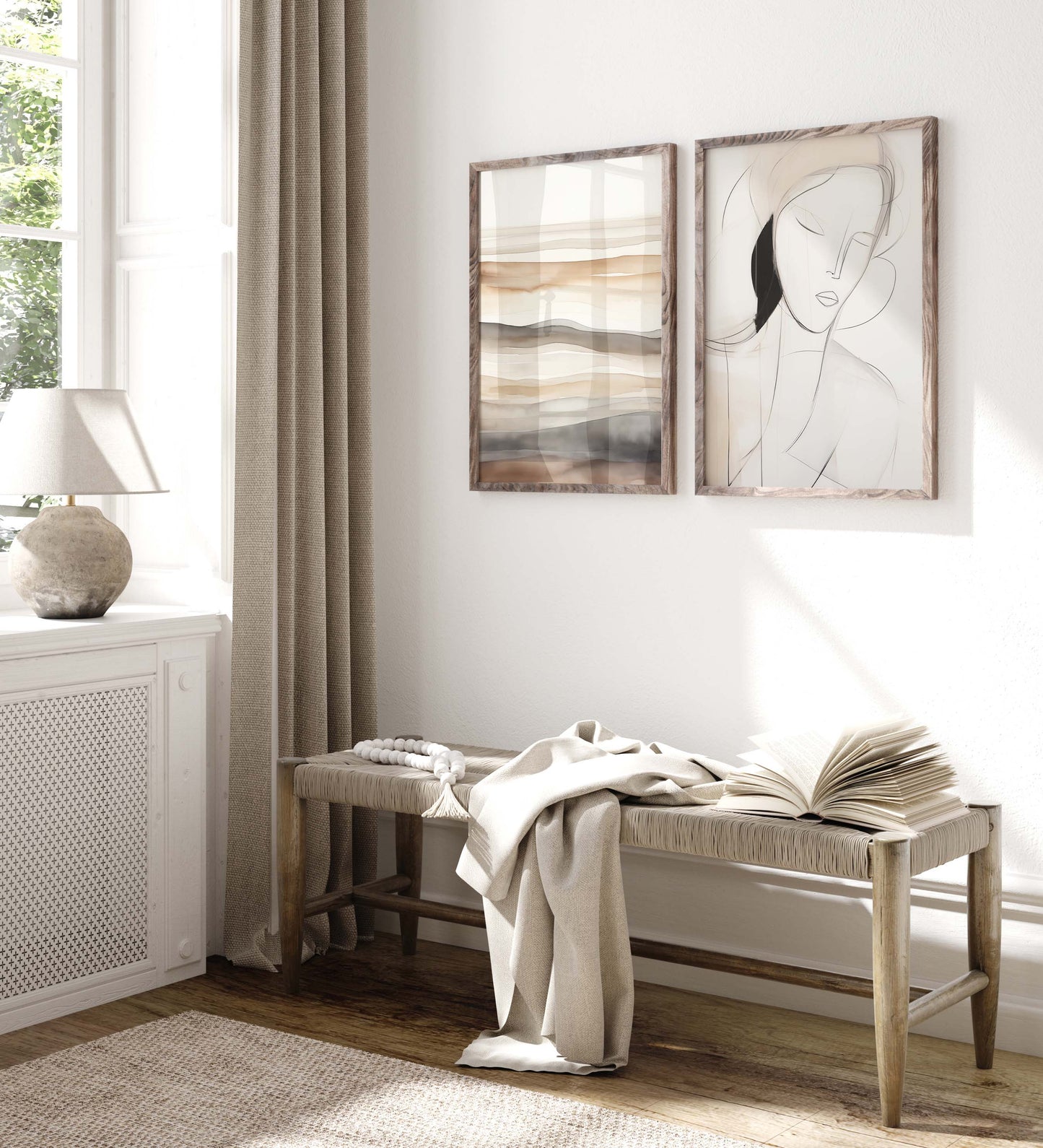 Abstrakte Beige Naturtöne Poster · Geschenkidee · Geometrische Formen und Fließende Aquarellstrukturen in Moderner Wandkunst · Dekoprint ohne Rahmen