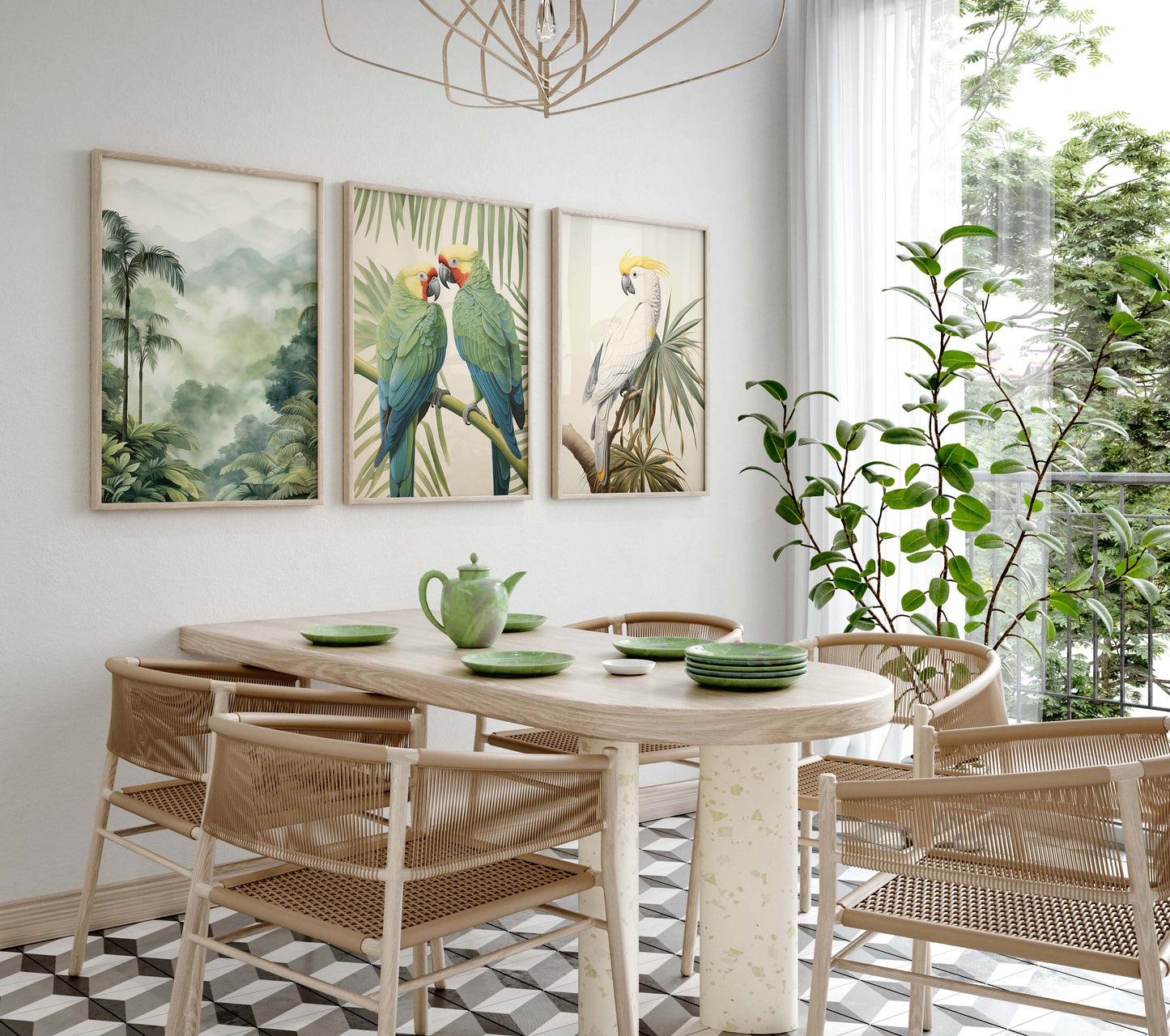 Tropische Palmen Poster · Geschenkidee · Papageien und Botanische Dschungelkunst · Wohnzimmer Dekoprint ohne Rahmen