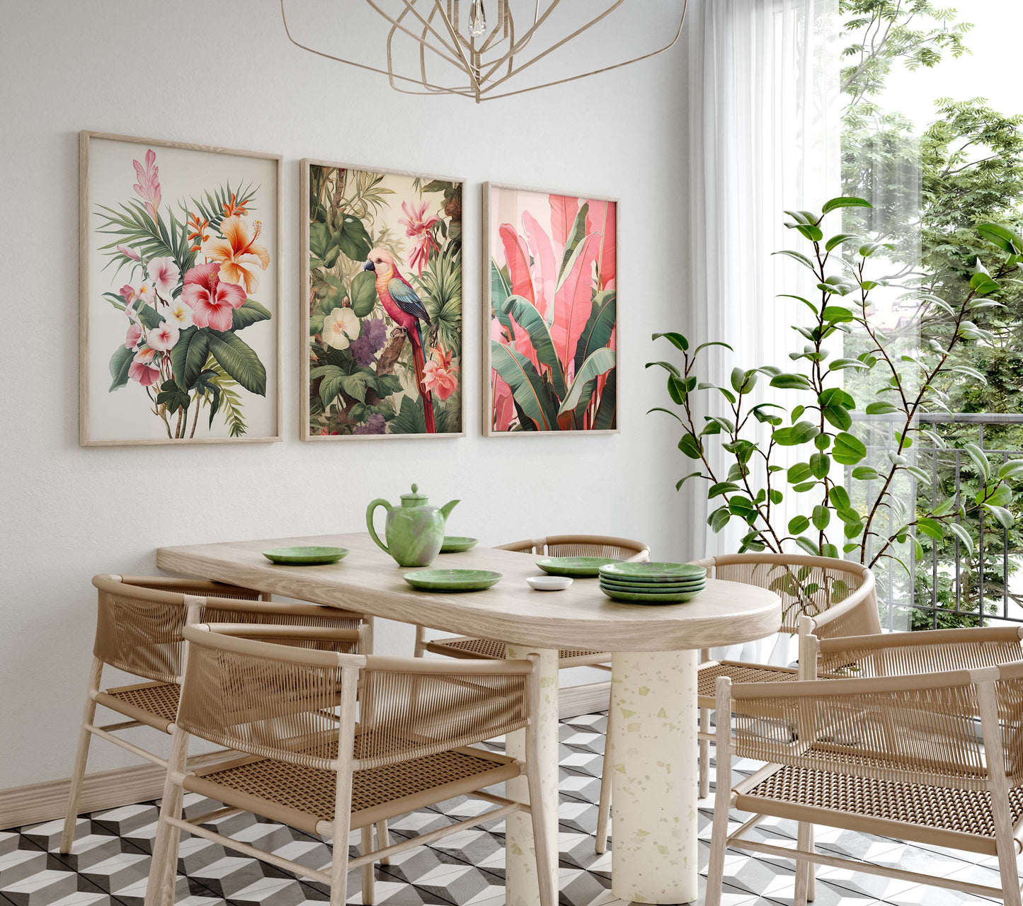 Dschungel Poster · Geschenkidee · Papageien Palmen Botanische Aquarellkunst · Wohnzimmer Dekoprint ohne Rahmen