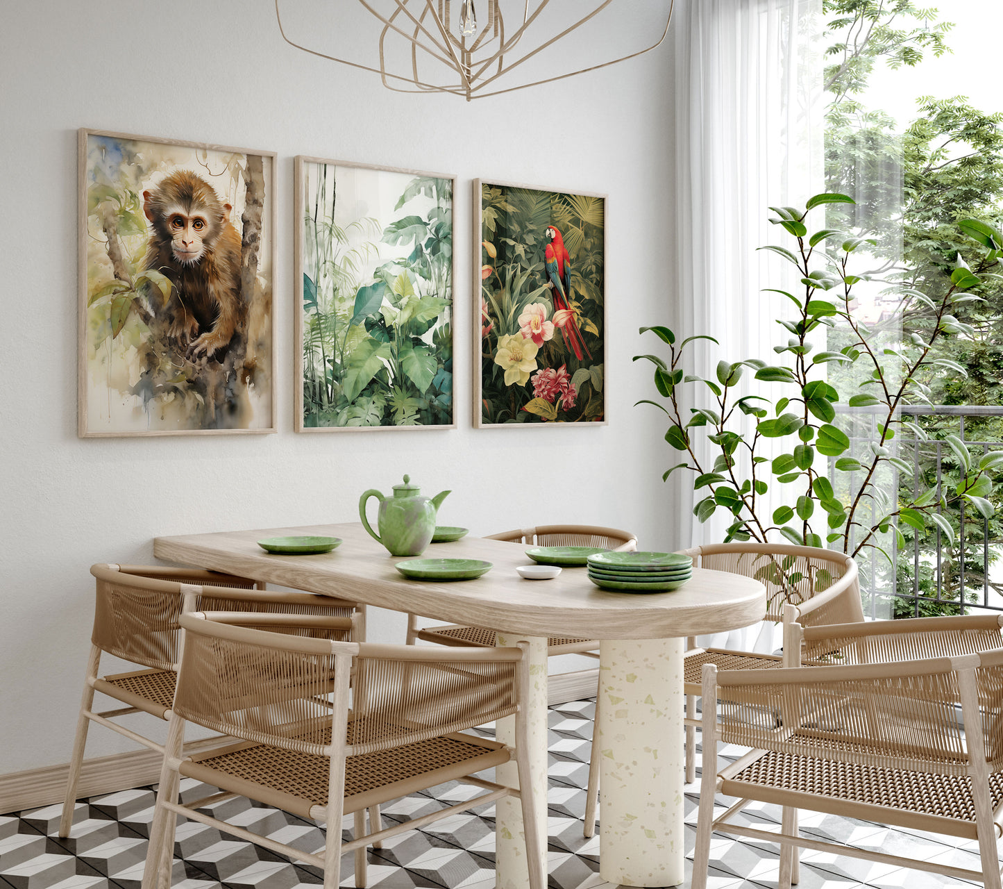 Dschungel Tiere Poster · Geschenkidee · Aquarell mit Leopard, Papagei und Affe · Wohnzimmer Deko · Dekoprint ohne Rahmen