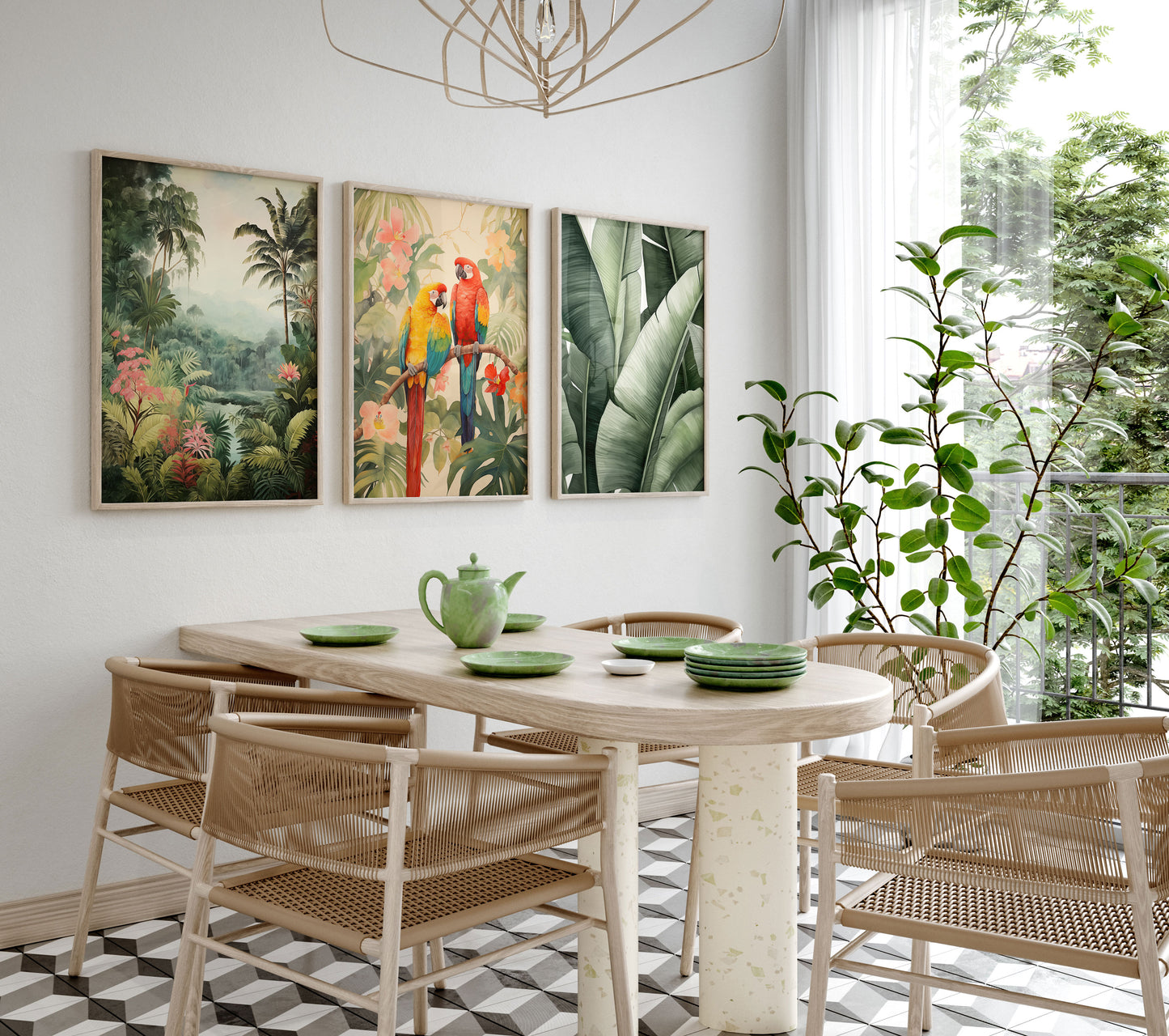 Dschungel Poster · Geschenkidee · Aquarell mit Leopard Papageien Flamingo · Wohnzimmer Deko · Dekoprint ohne Rahmen