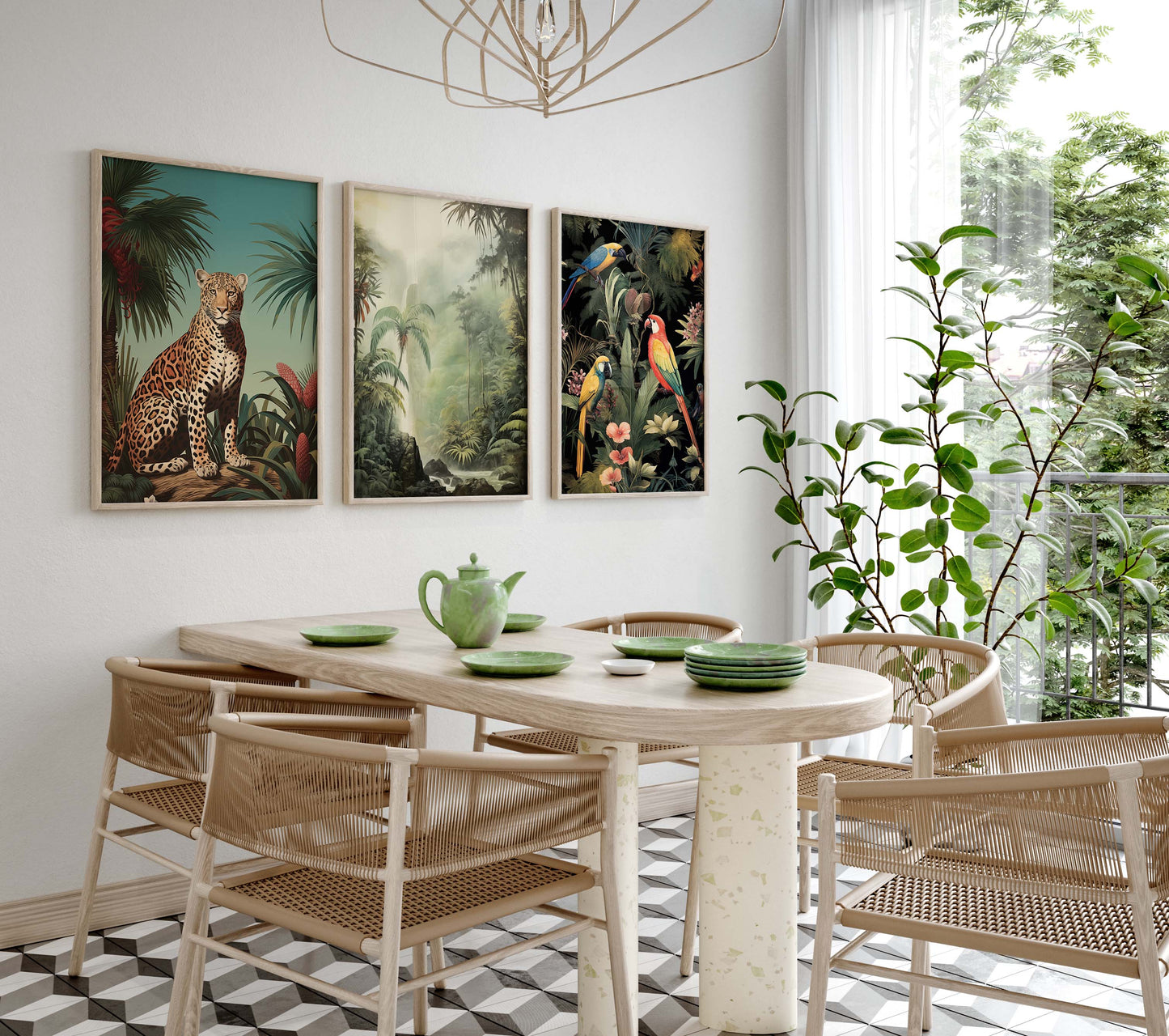 Dschungel Poster · Geschenkidee · Tropischer Regenwald Palmen Papageien und Leopard · Dekoprint ohne Rahmen