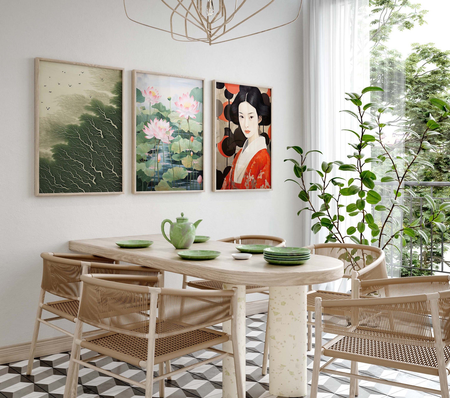Japan Poster · Geschenkidee · Zen Kalligrafie Fuji Geisha und Lotusblüten · Dekoprint ohne Rahmen